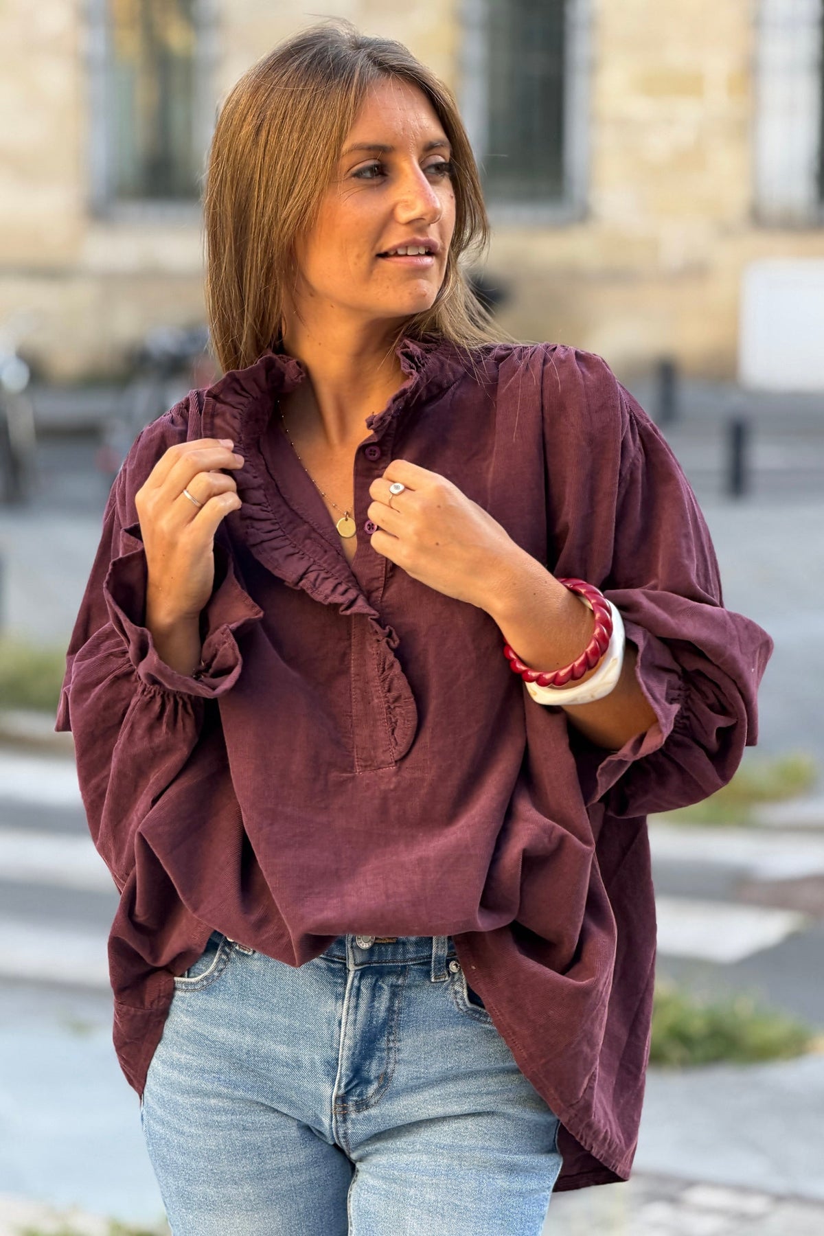 Aubergine Corduroy Ruffle Neck Peasant Blouse