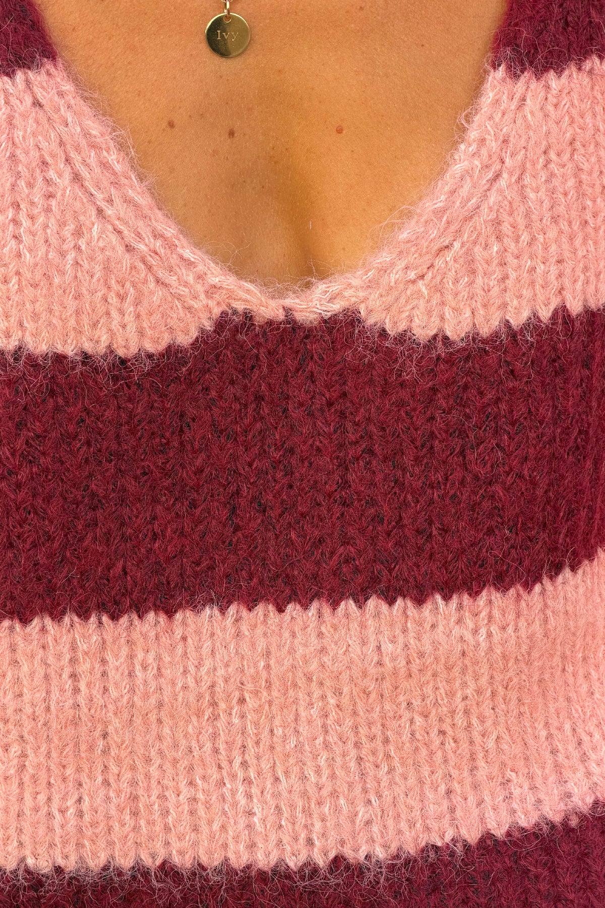 Aubergine Stripe Knit Wool Blend Sweater