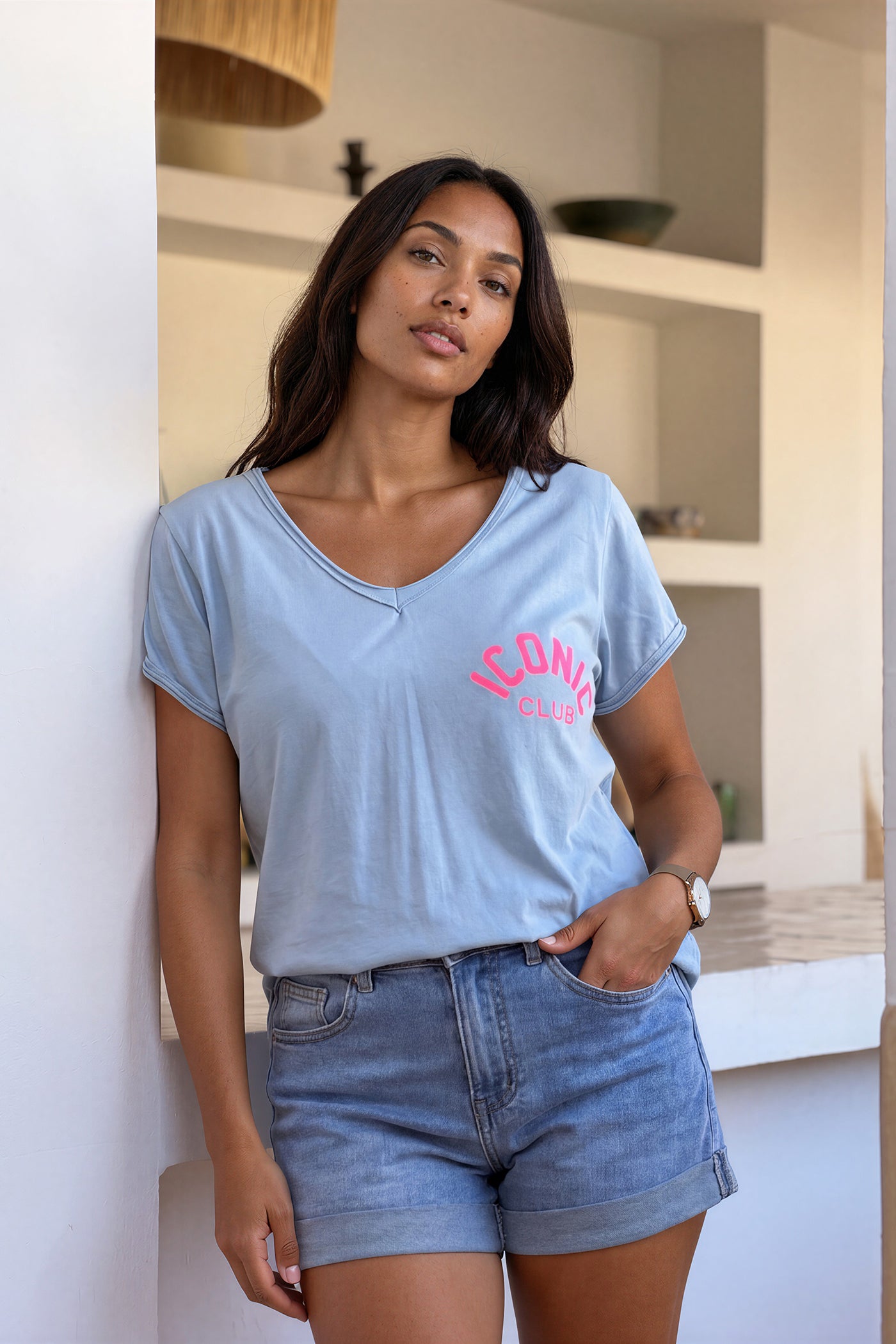 Baby Blue “Iconic Club” V-Neck Tee