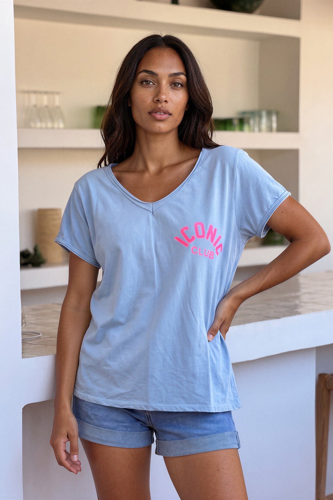 Baby Blue “Iconic Club” V-Neck Tee