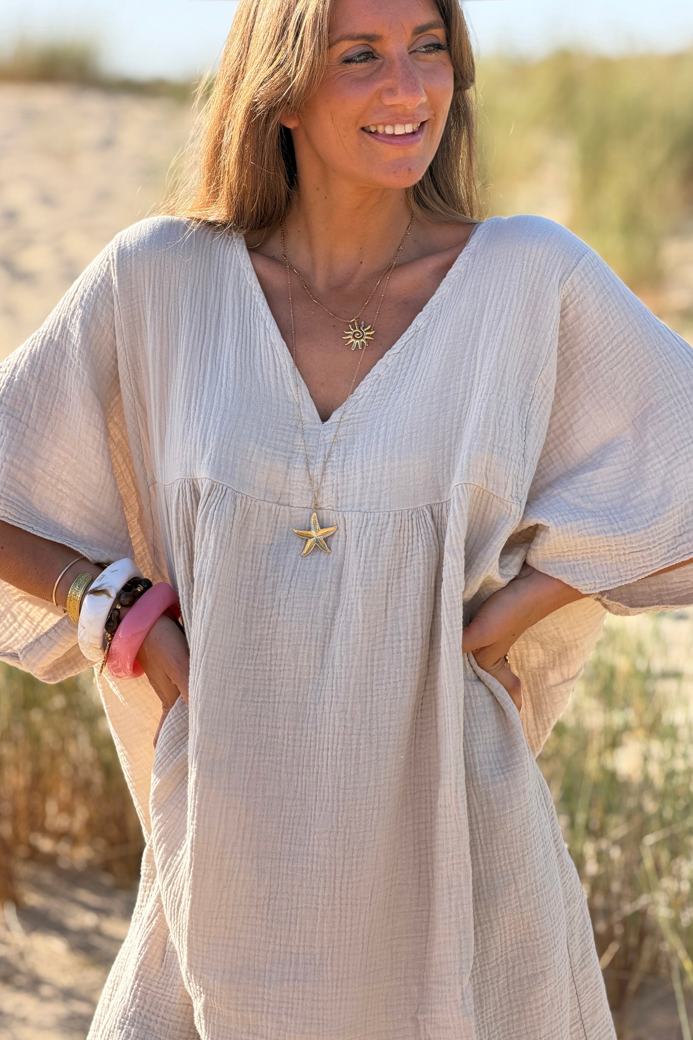 Beige Crinkle Gauze Beach Dress