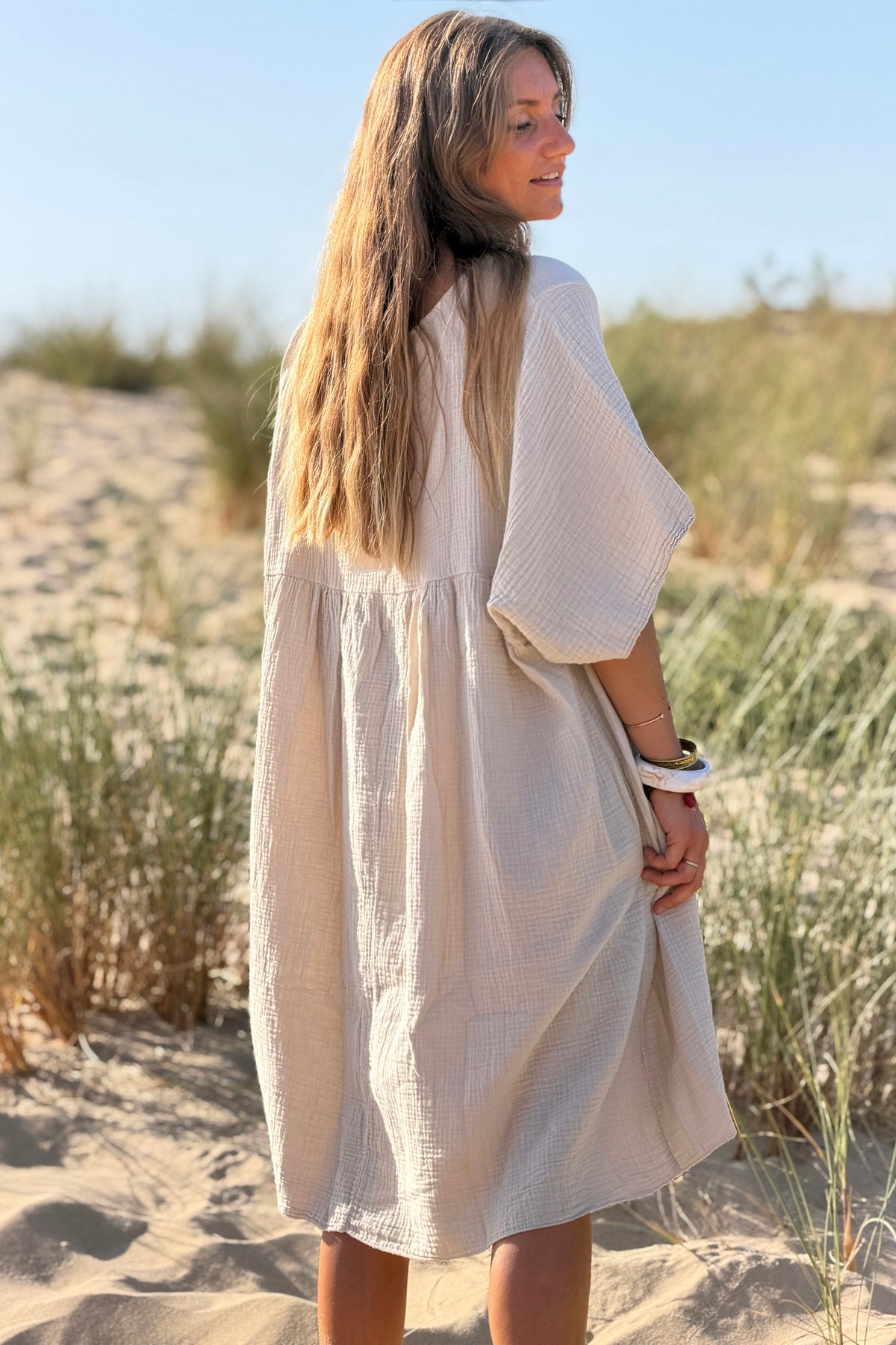 Beige Crinkle Gauze Beach Dress