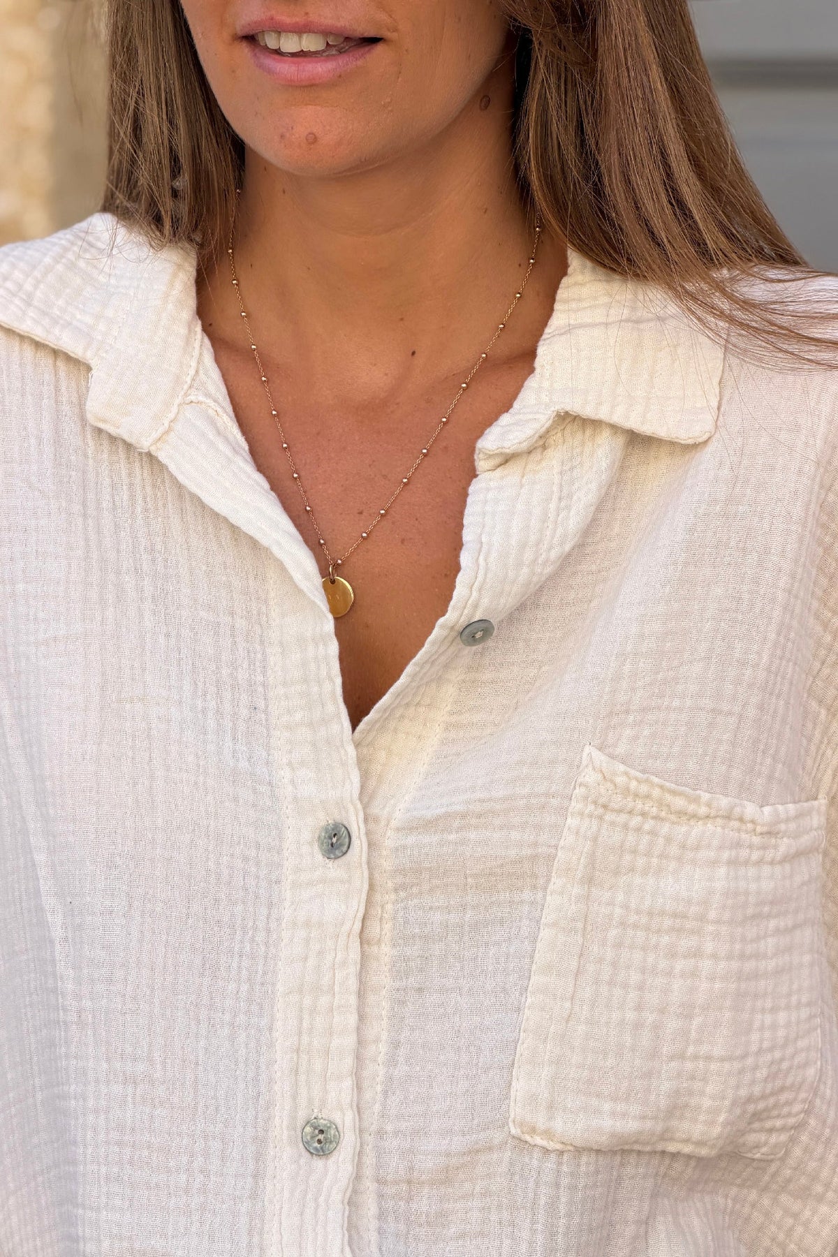 Beige Crinkle Gauze Button-Down Beach Shirt
