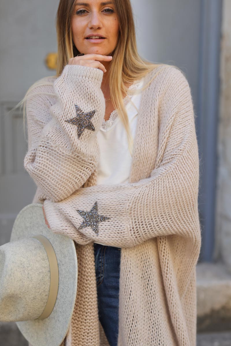 Beige Drop-Sleeve Knit Duster with Star Studded Cuffs