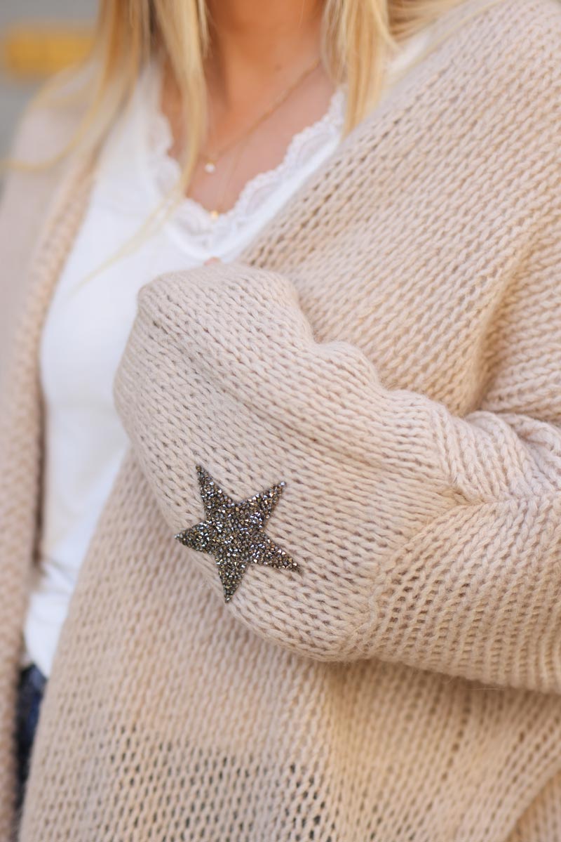 Beige Drop-Sleeve Knit Duster with Star Studded Cuffs