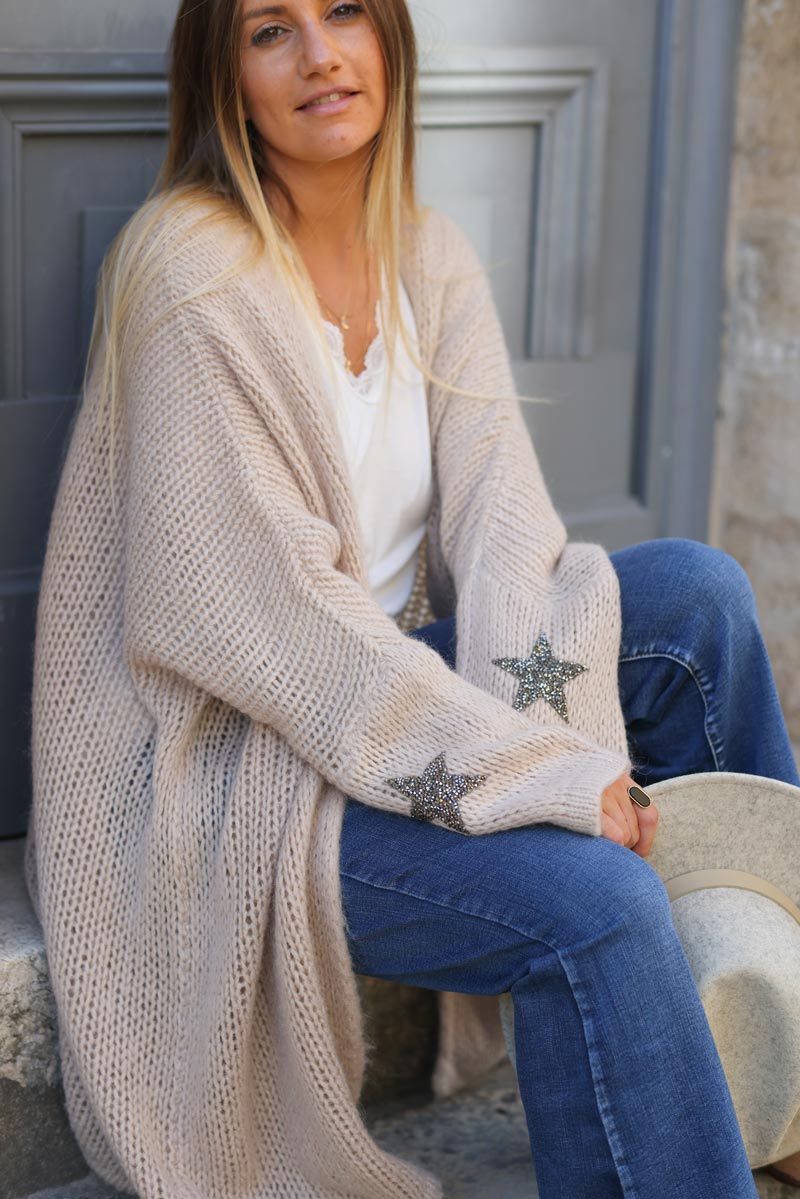Beige Drop-Sleeve Knit Duster with Star Studded Cuffs