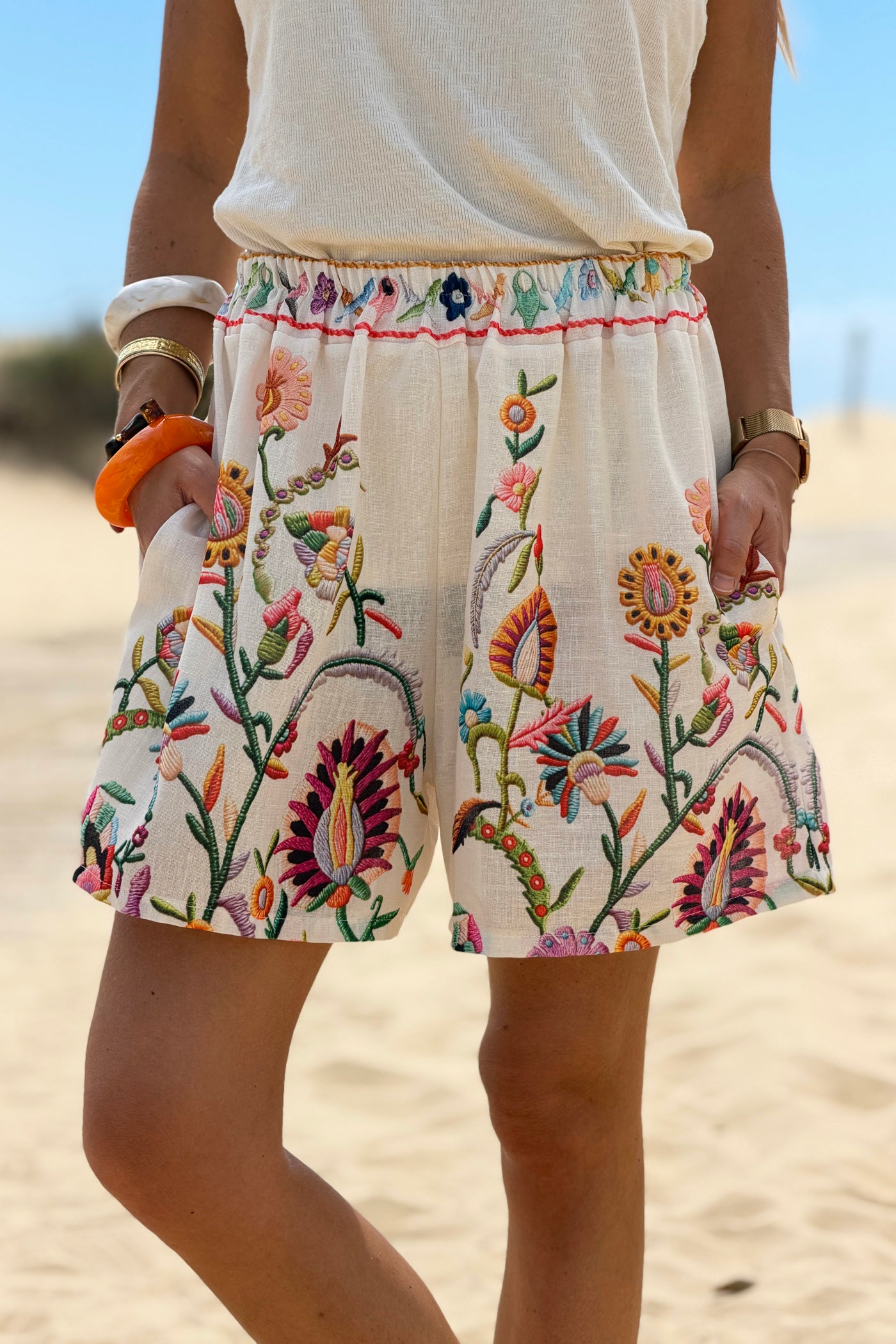 Beige Embroidered-Look Folk Garden Pull-On Shorts