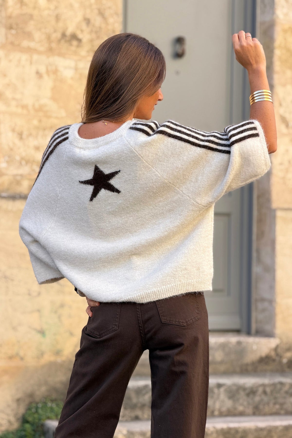 Beige Fuzzy Knit Racing Stripe Sweater