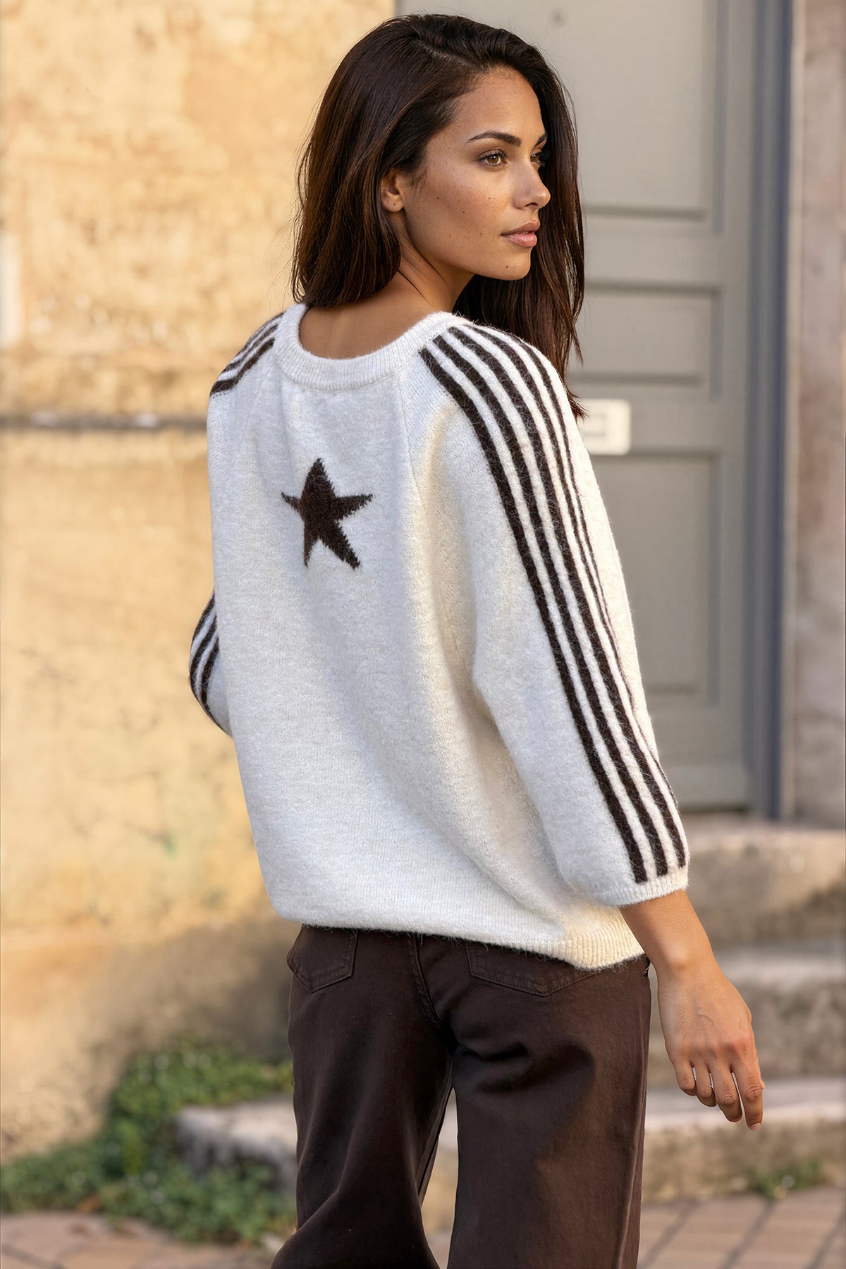 Beige Fuzzy Knit Racing Stripe Sweater