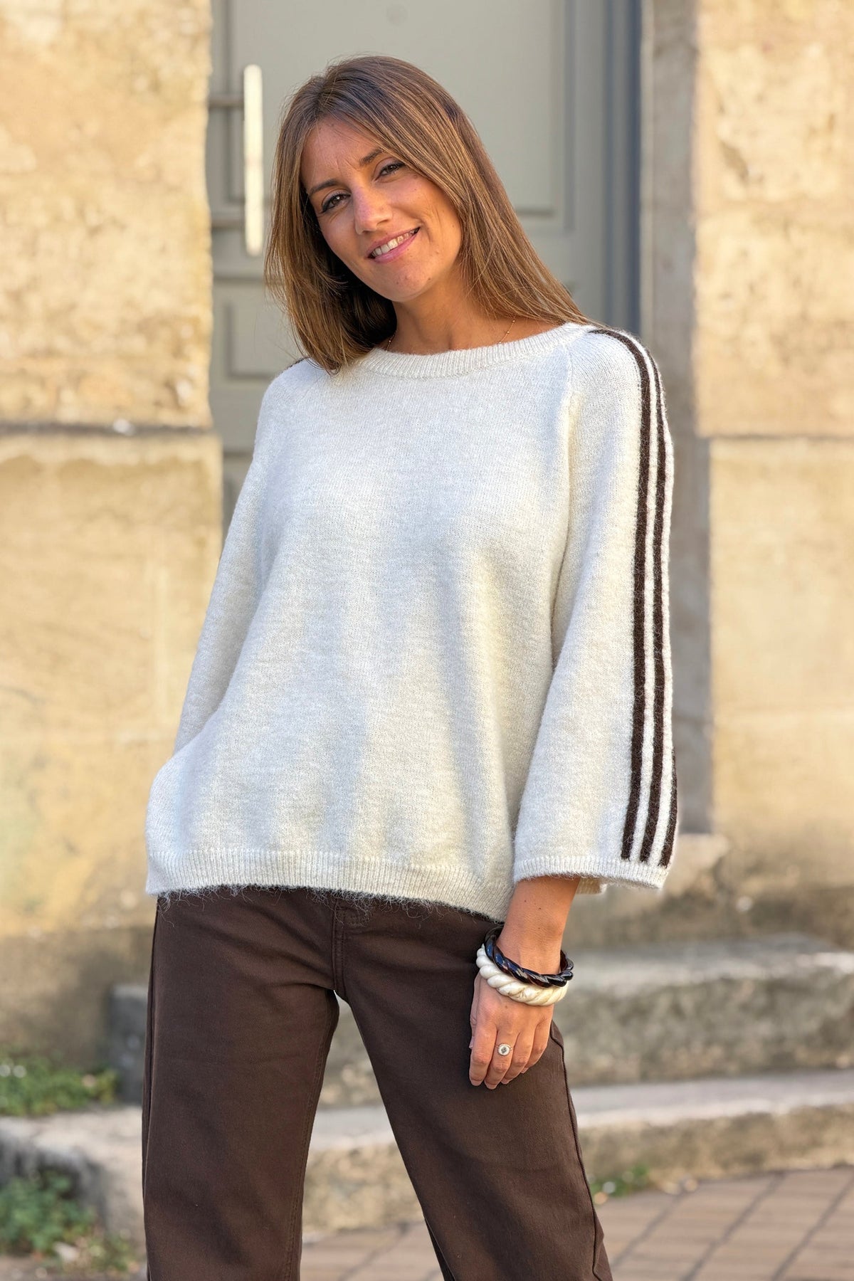 Beige Fuzzy Knit Racing Stripe Sweater