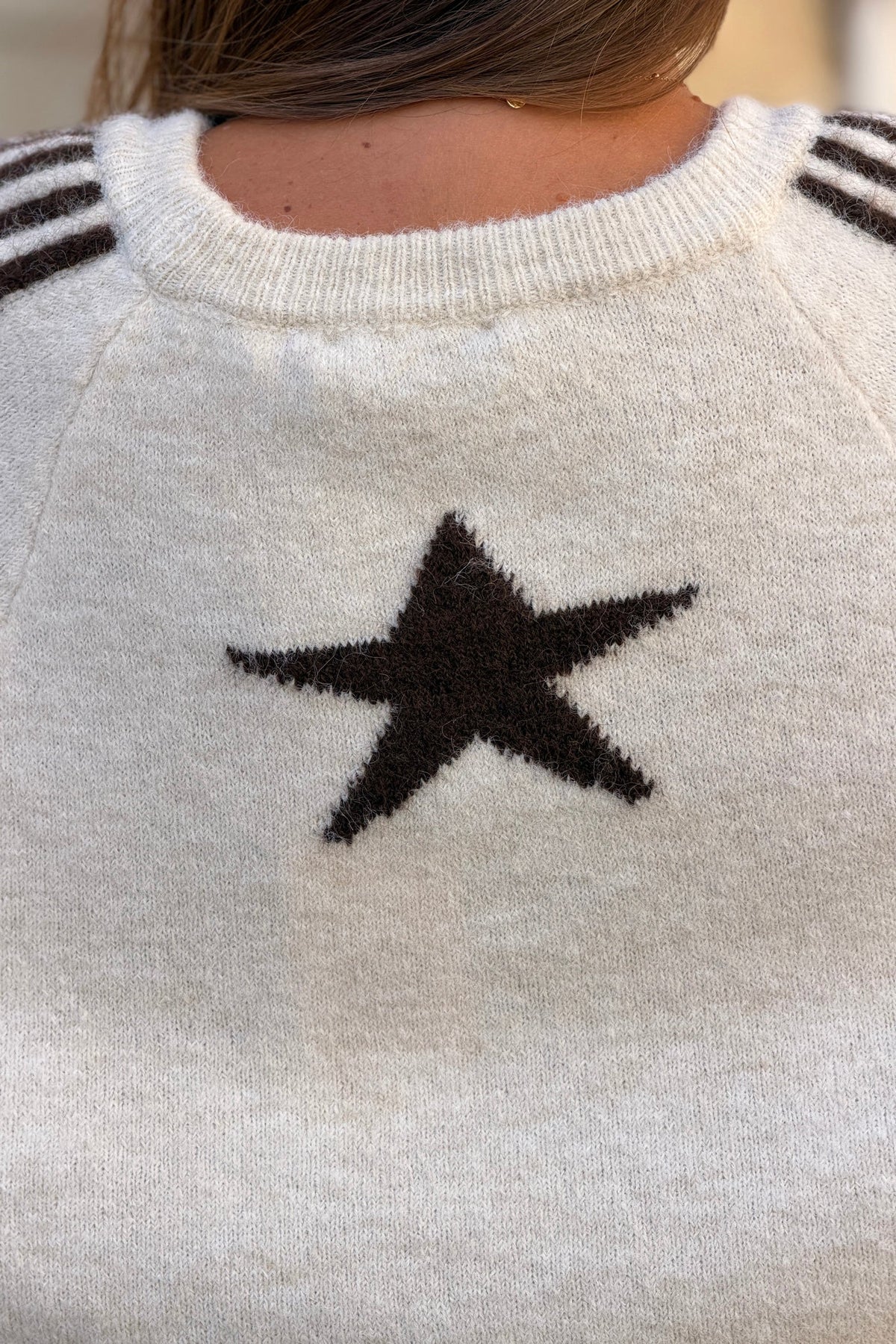 Beige Fuzzy Knit Racing Stripe Sweater