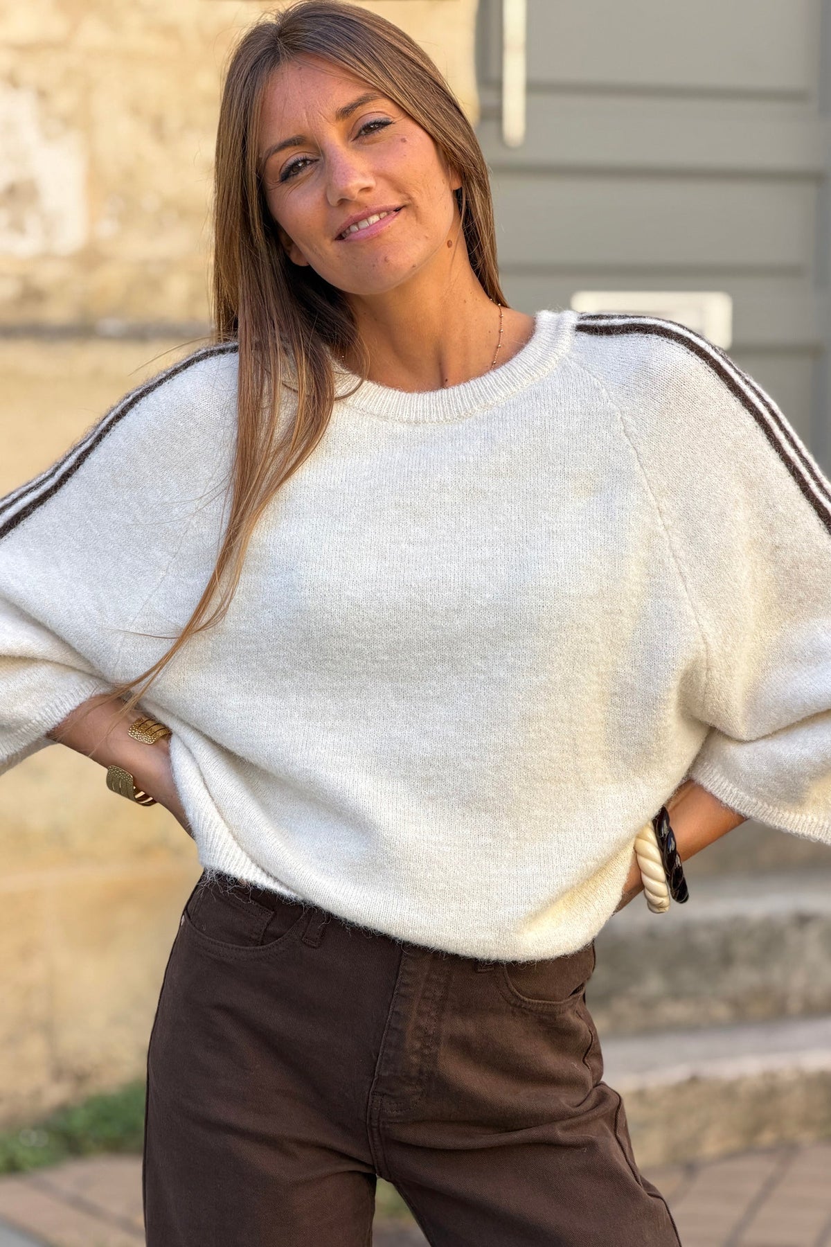 Beige Fuzzy Knit Racing Stripe Sweater
