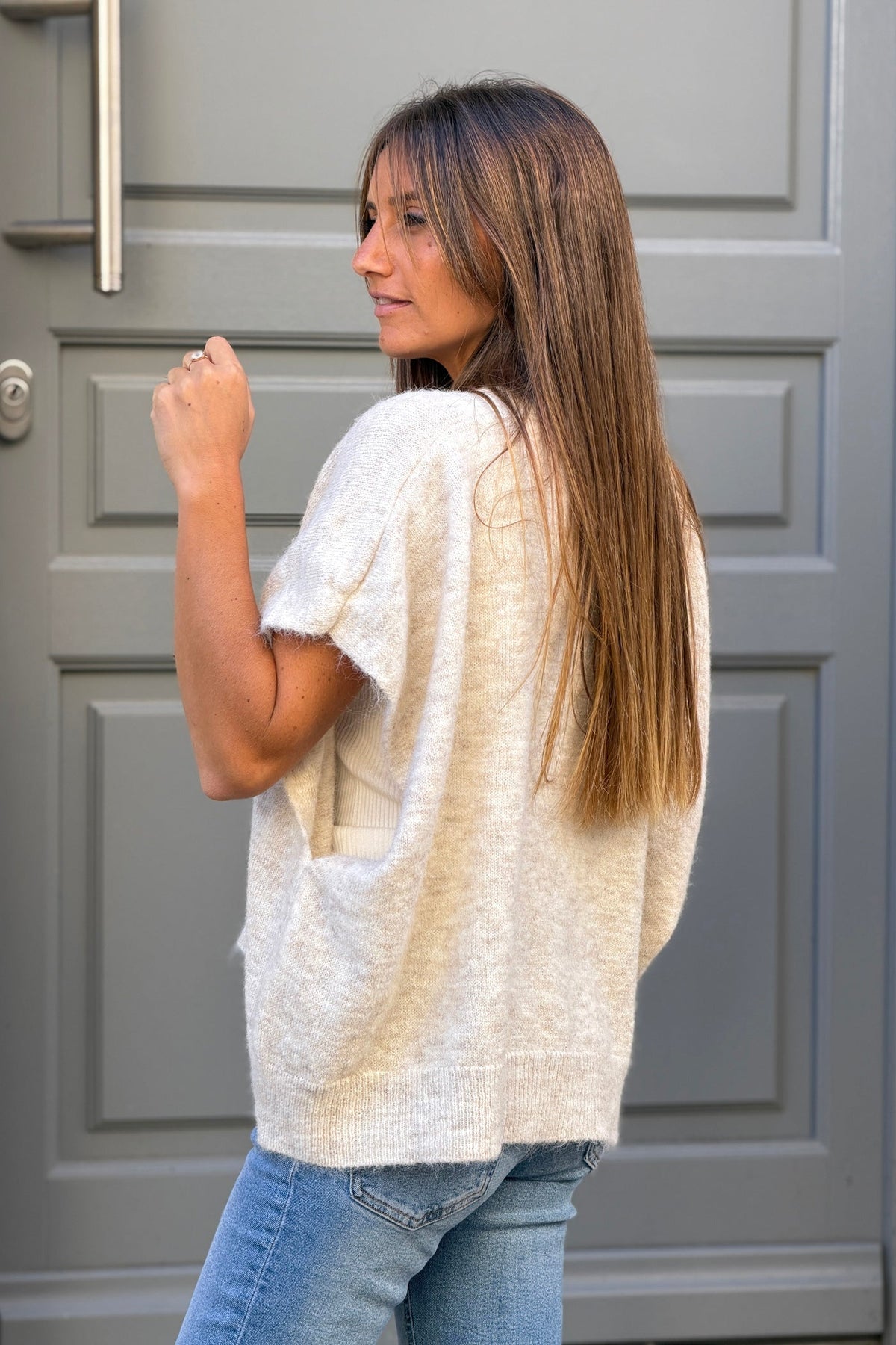 Beige Fuzzy Knit Slouchy Sweater Vest
