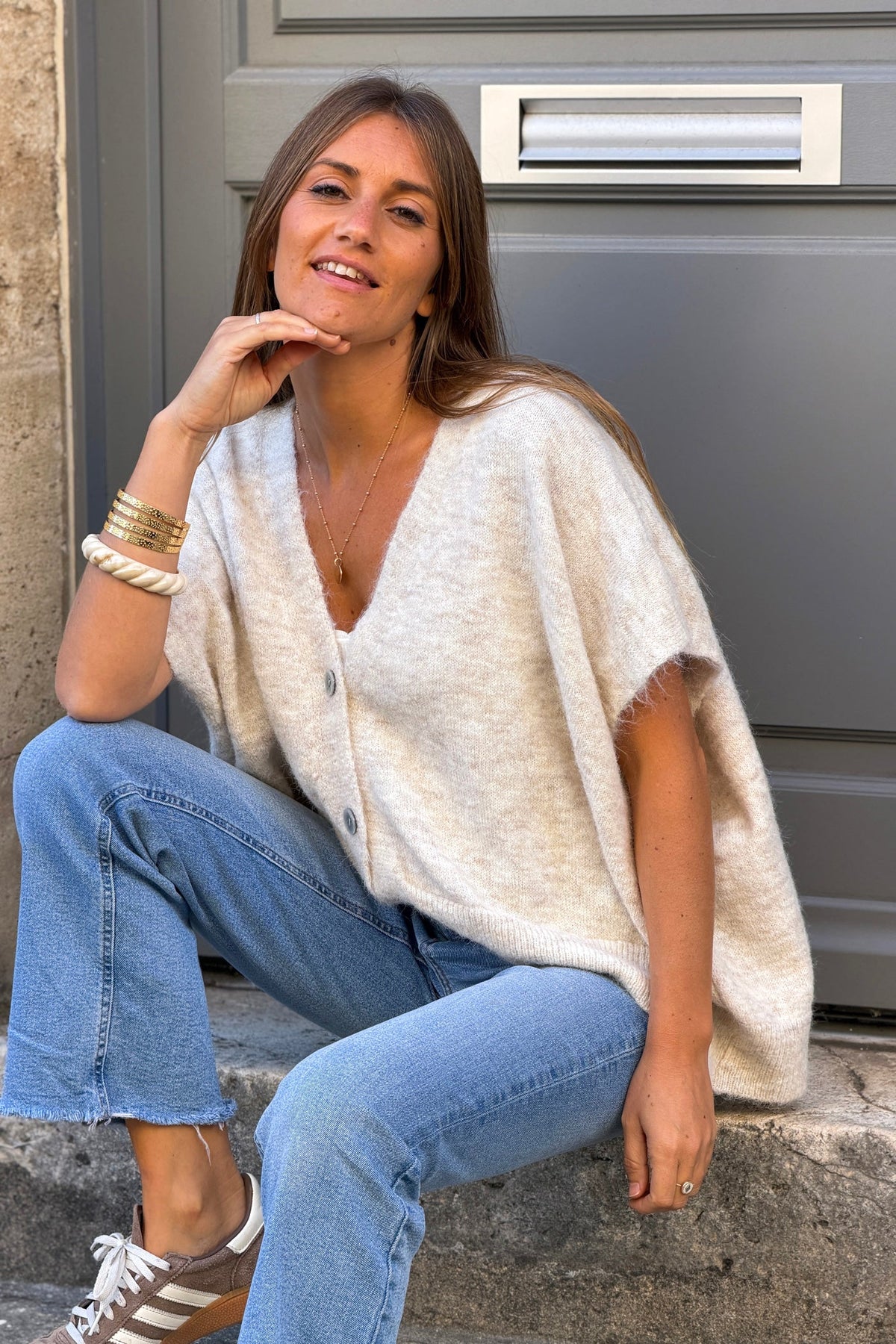 Beige Fuzzy Knit Slouchy Sweater Vest