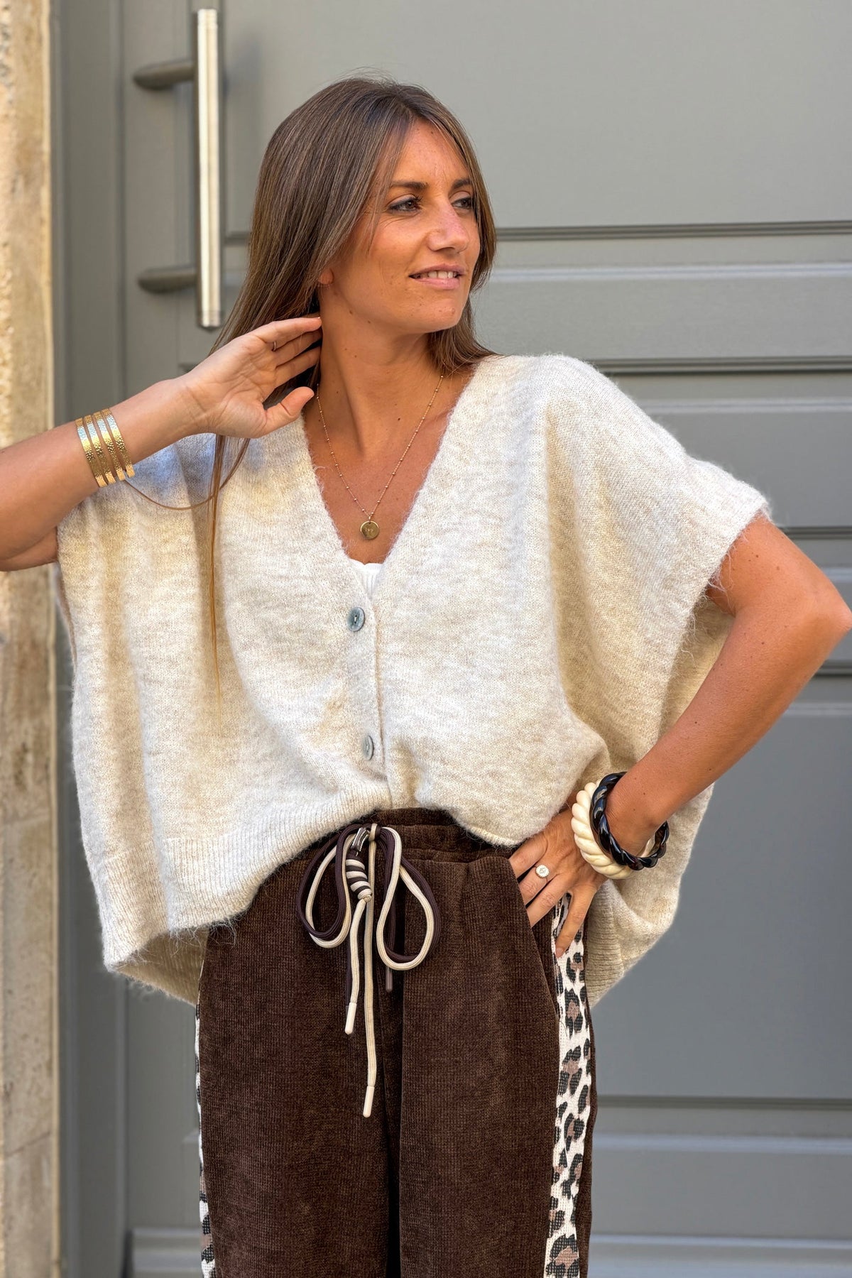 Beige Fuzzy Knit Slouchy Sweater Vest