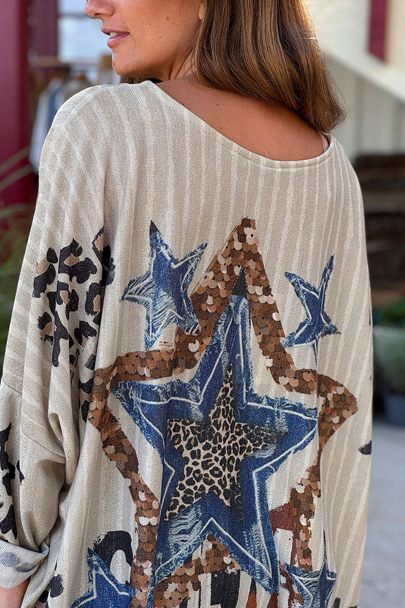 Beige Gold Stars and Leopard Motif Oversized Top