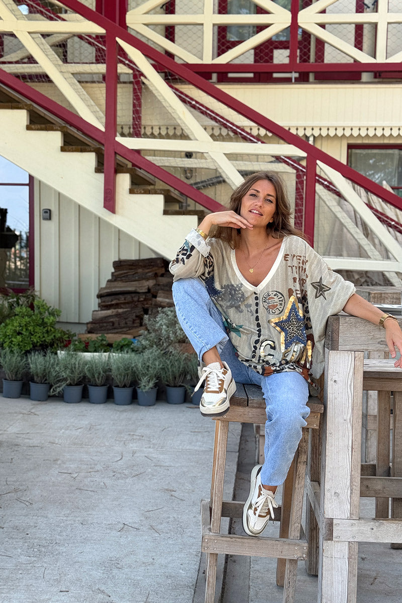 Beige Gold Stars and Leopard Motif Oversized Top