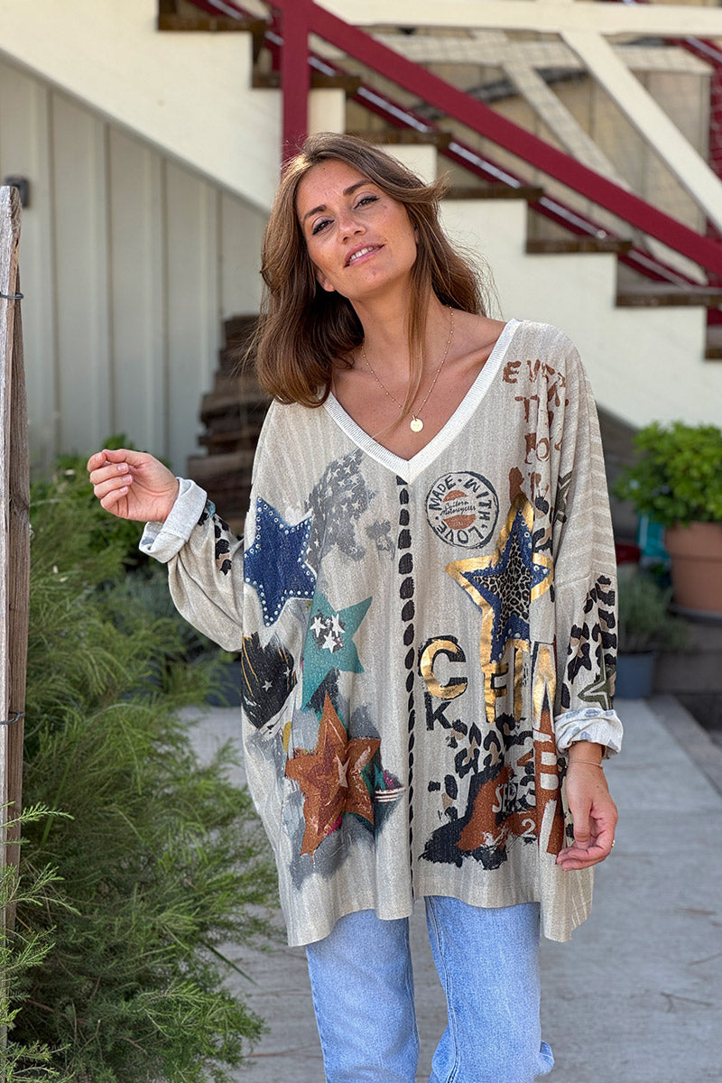 Beige Gold Stars and Leopard Motif Oversized Top