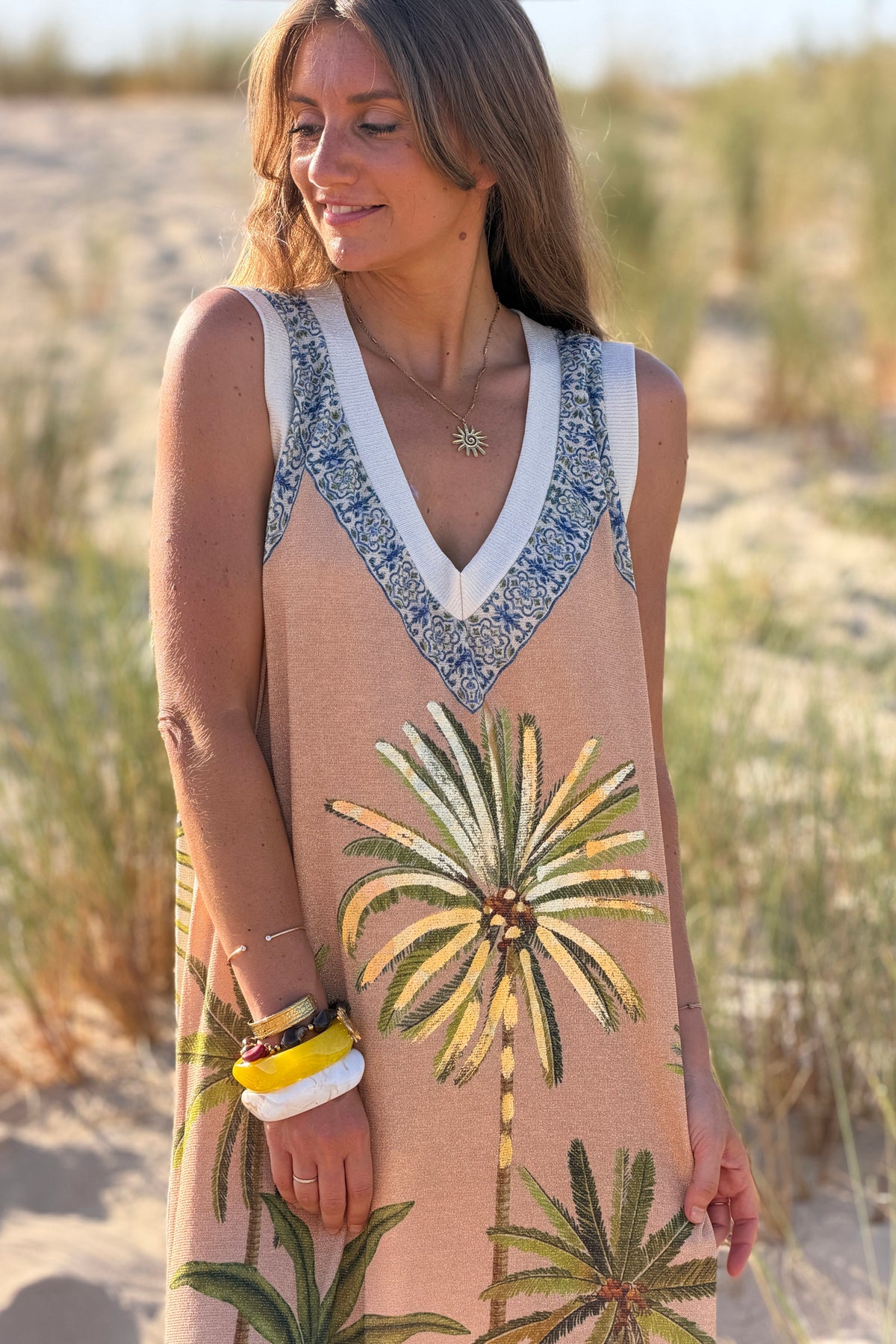 Beige Potted Palms Glitter Knit Maxi