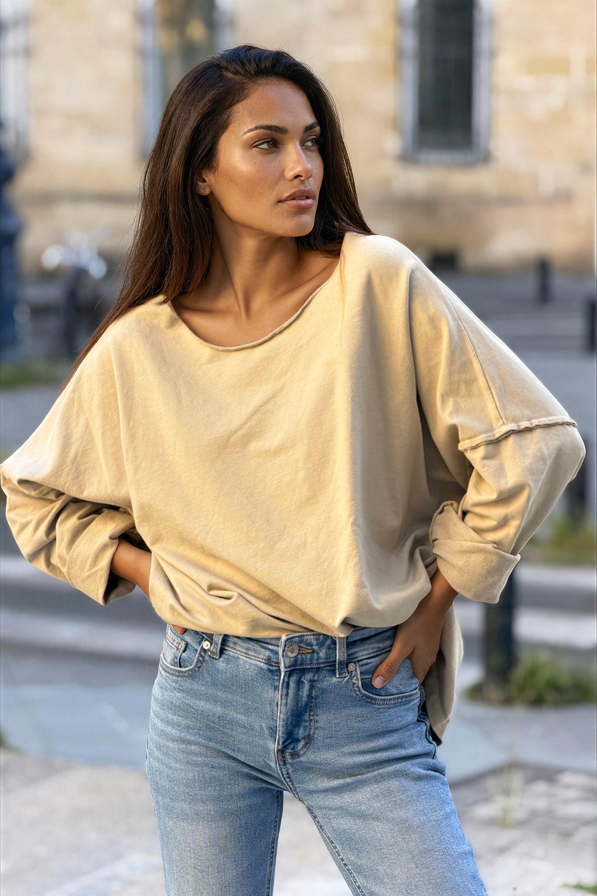 Beige Stretch Knit Long-Sleeve Slouchy Tee