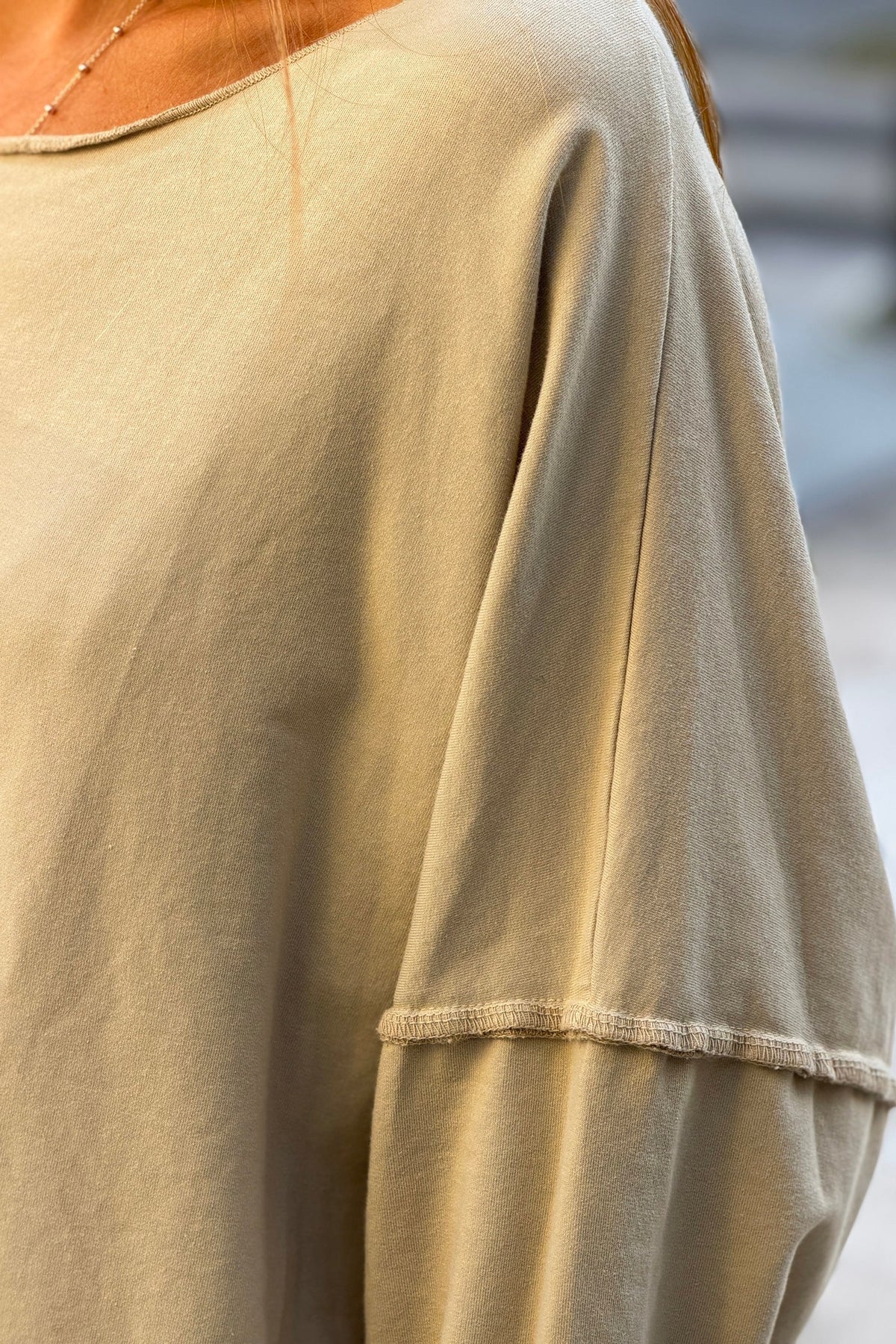 Beige Stretch Knit Long-Sleeve Slouchy Tee