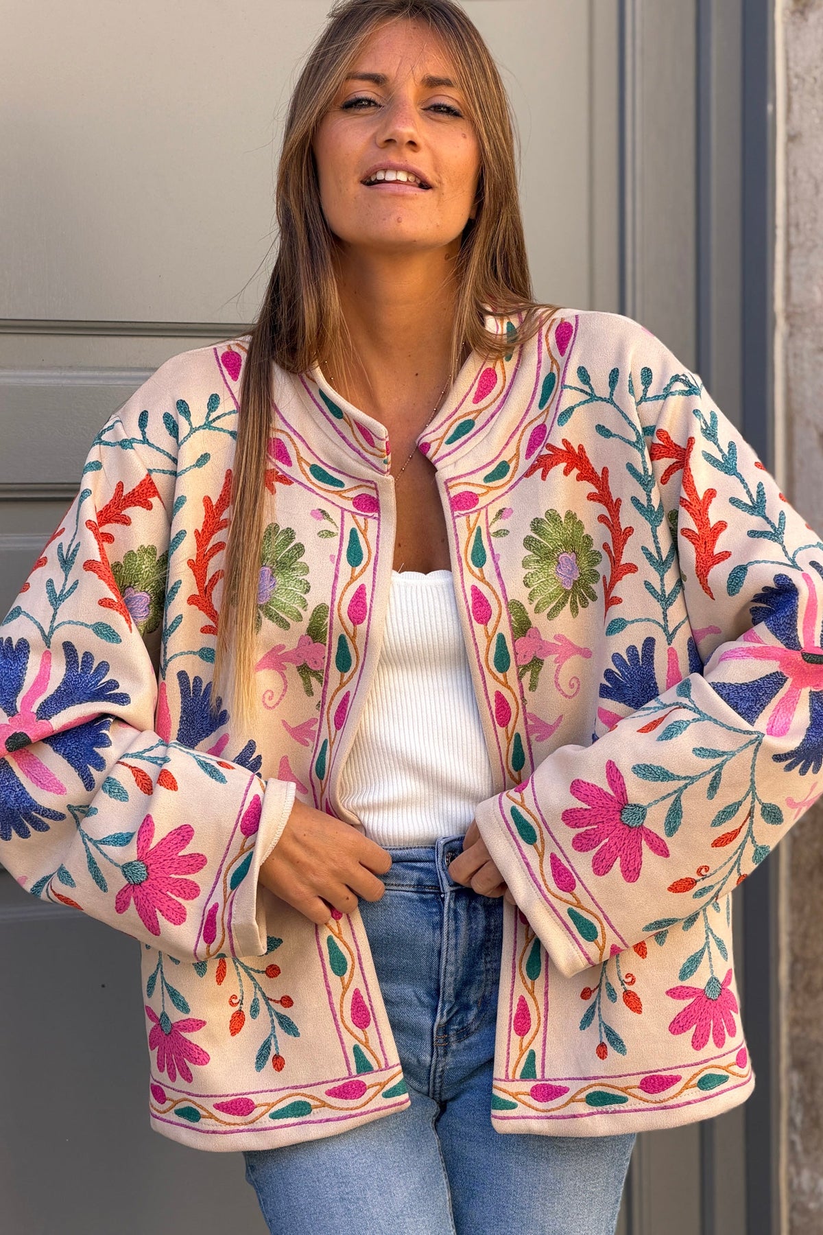 Beige Suedette Boho Print Jacket