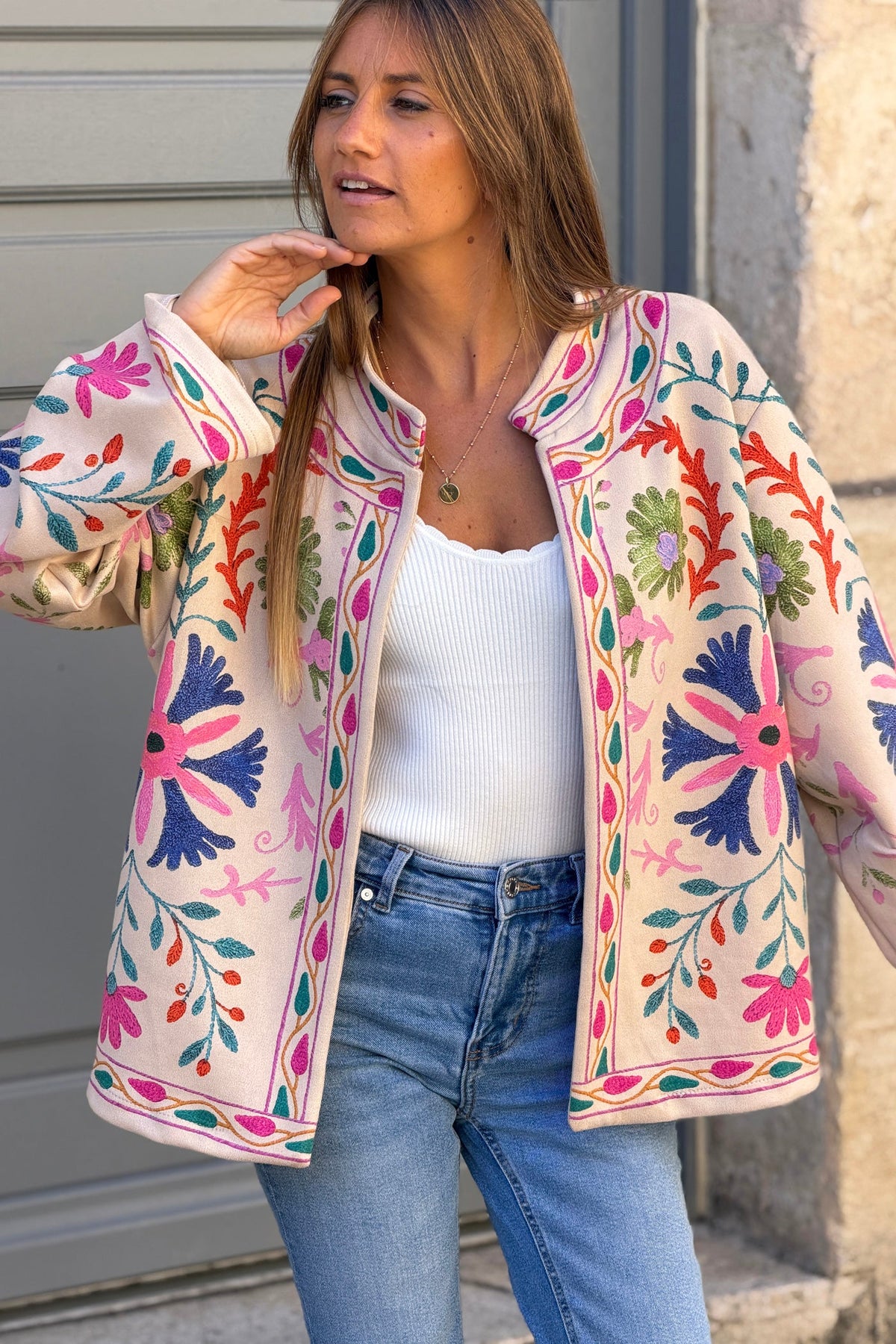 Beige Suedette Boho Print Jacket