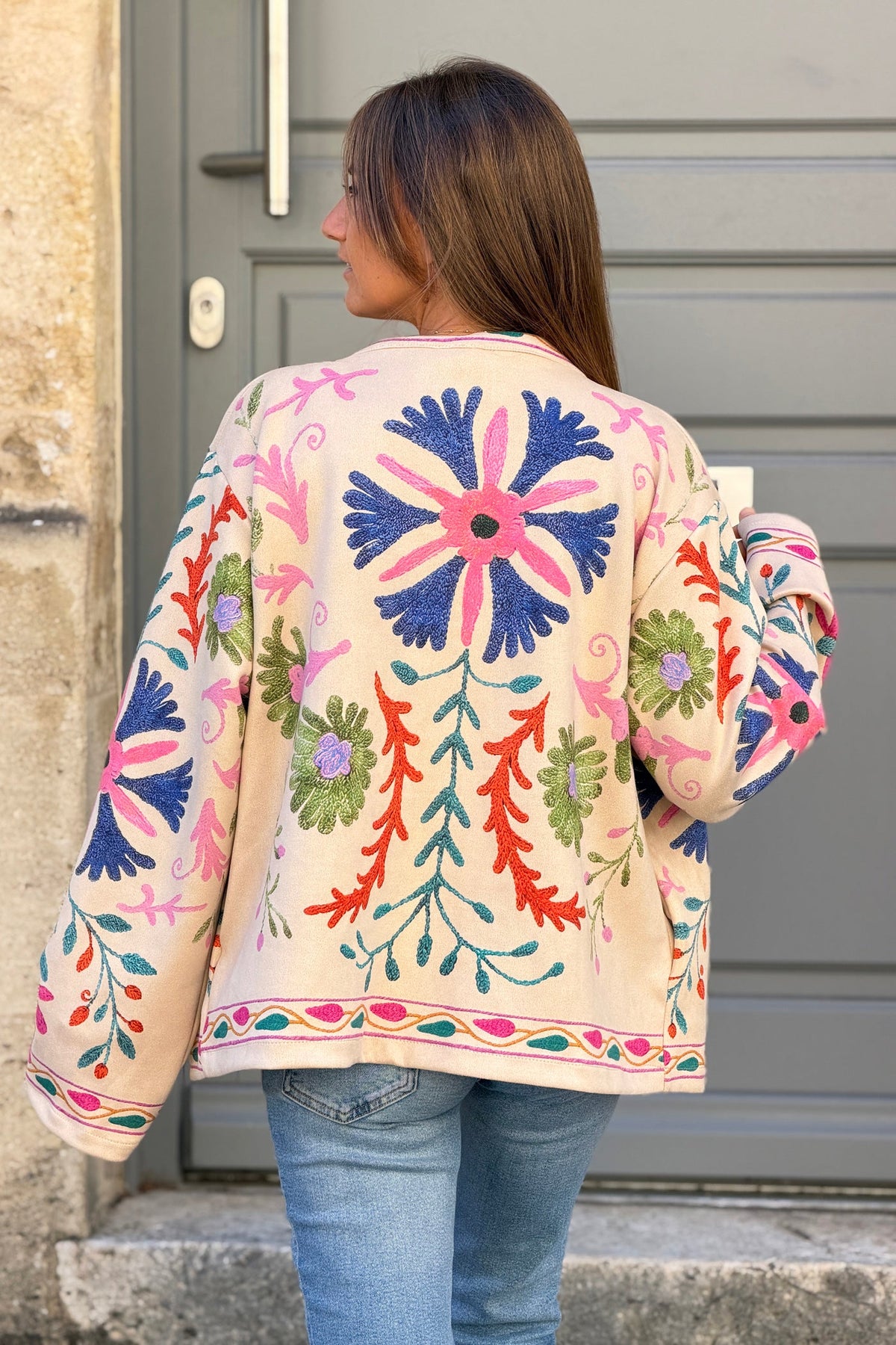 Beige Suedette Boho Print Jacket