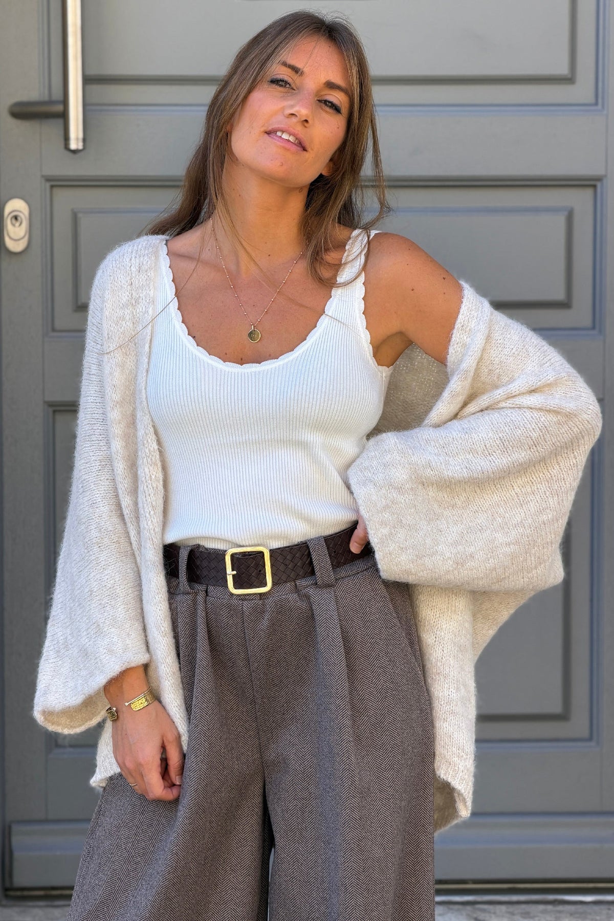 Beige Wool Blend Bell Sleeve Knit Cardigan
