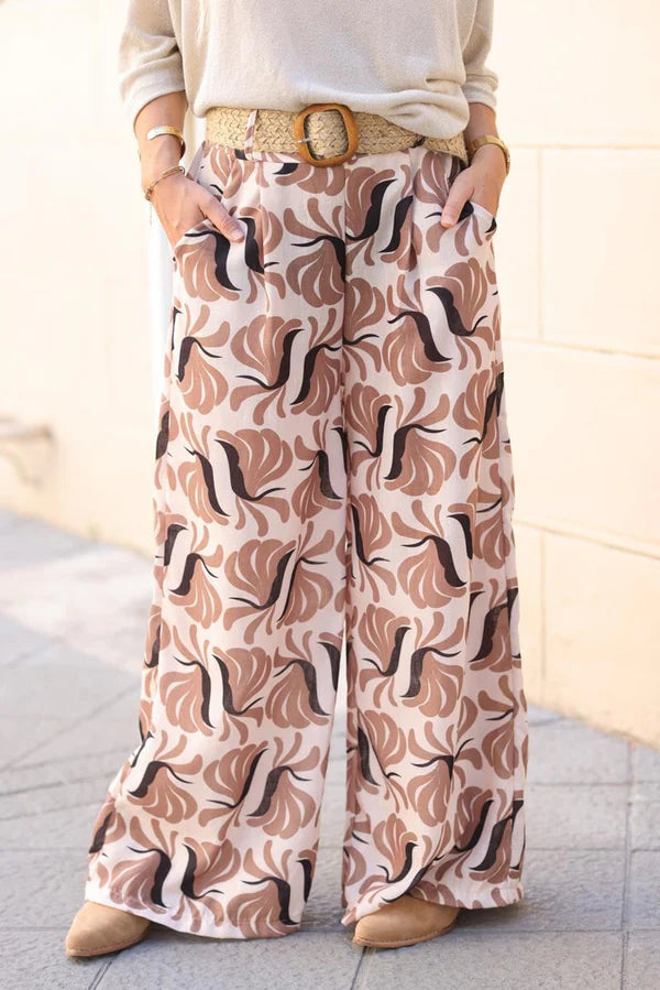 Wide Leg Linen Pants with Beige Bird of Paradise Print