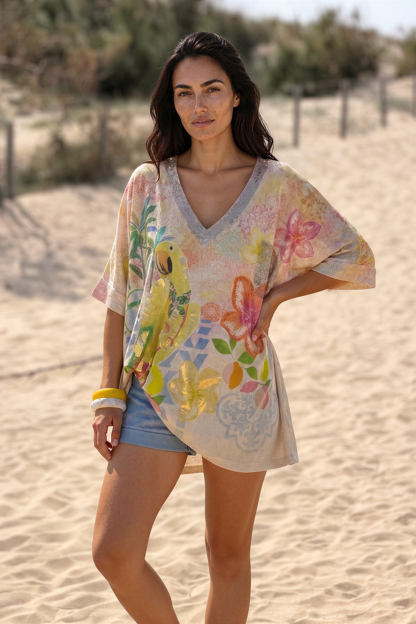 Beige Bird in Paradise Glitter Knit Tunic