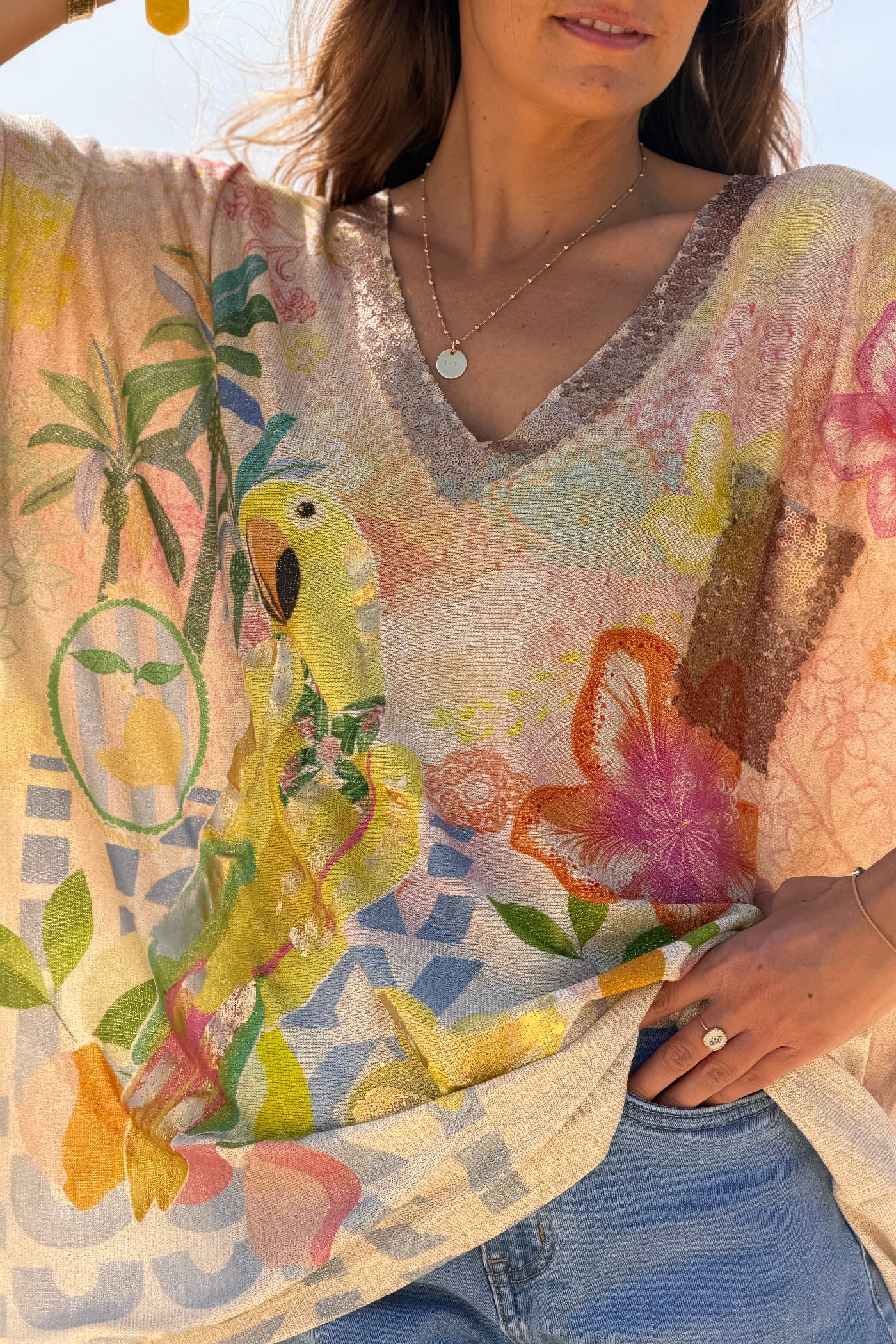 Beige Bird in Paradise Glitter Knit Tunic