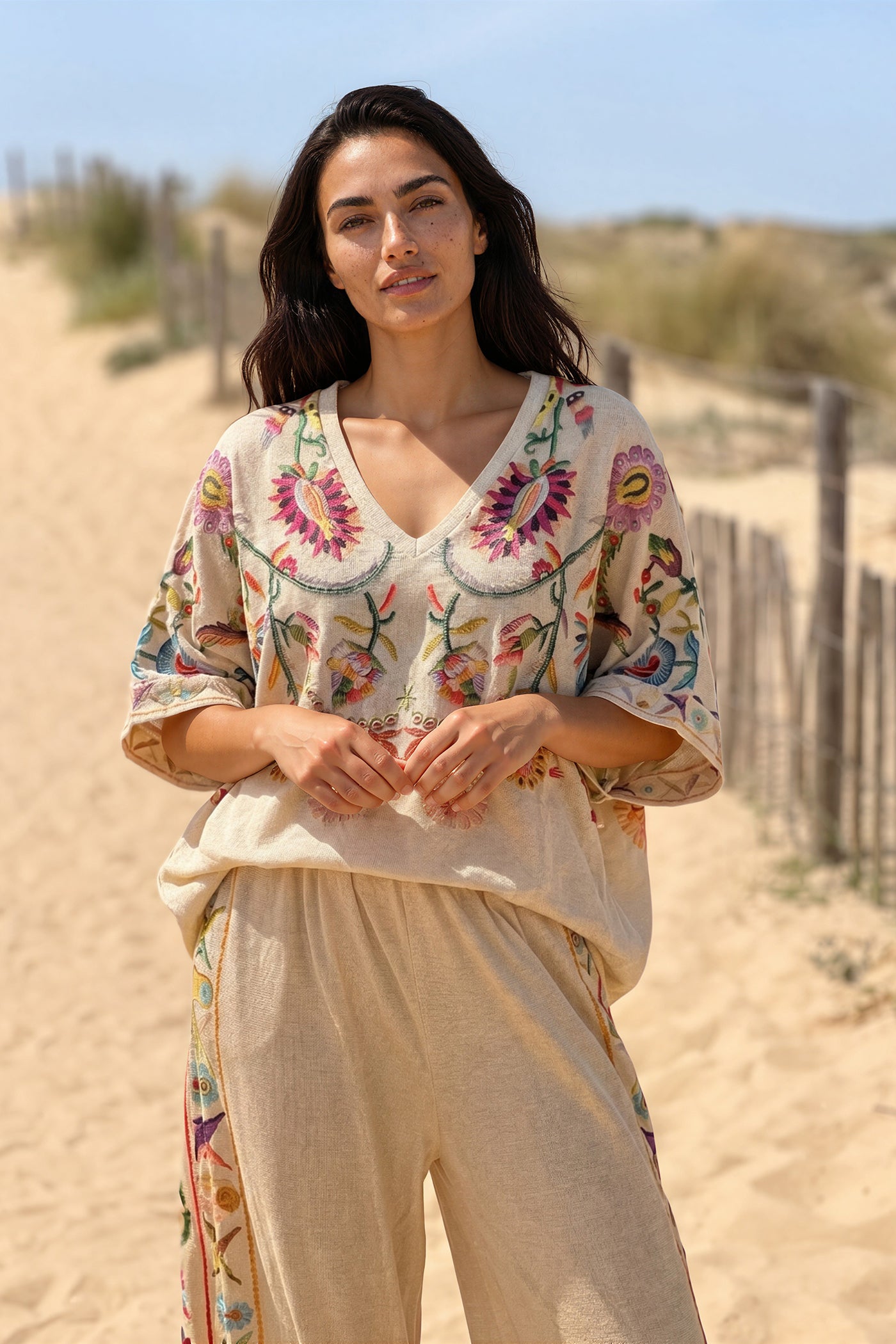 Beige Embroidered-look Folk Garden V-Neck Tunic