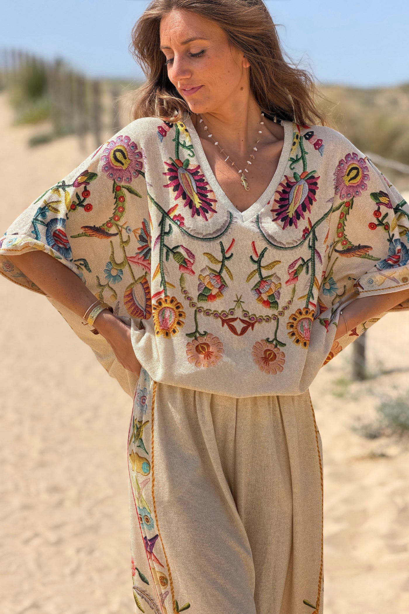 Beige Embroidered-look Folk Garden V-Neck Tunic