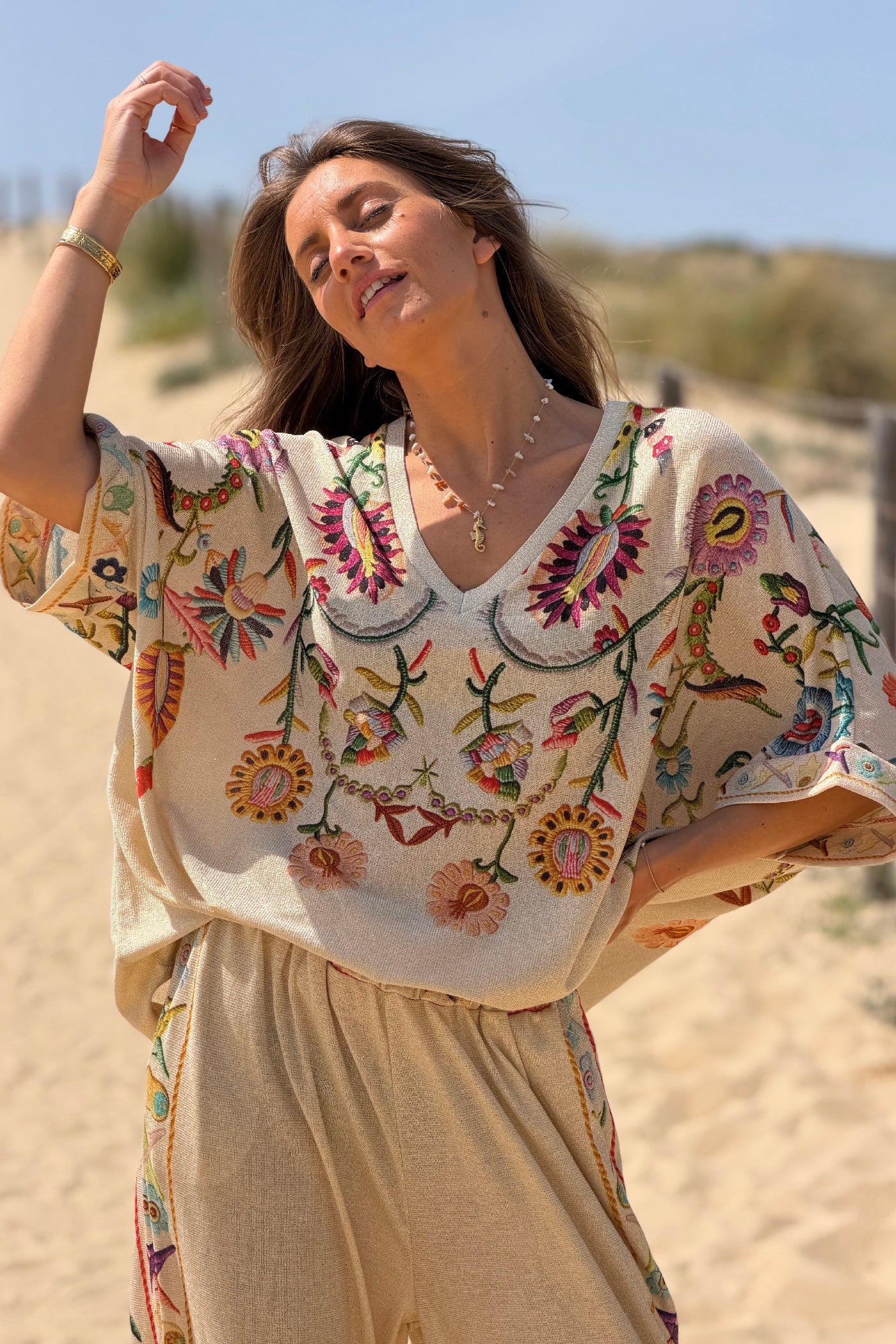 Beige Embroidered-look Folk Garden V-Neck Tunic
