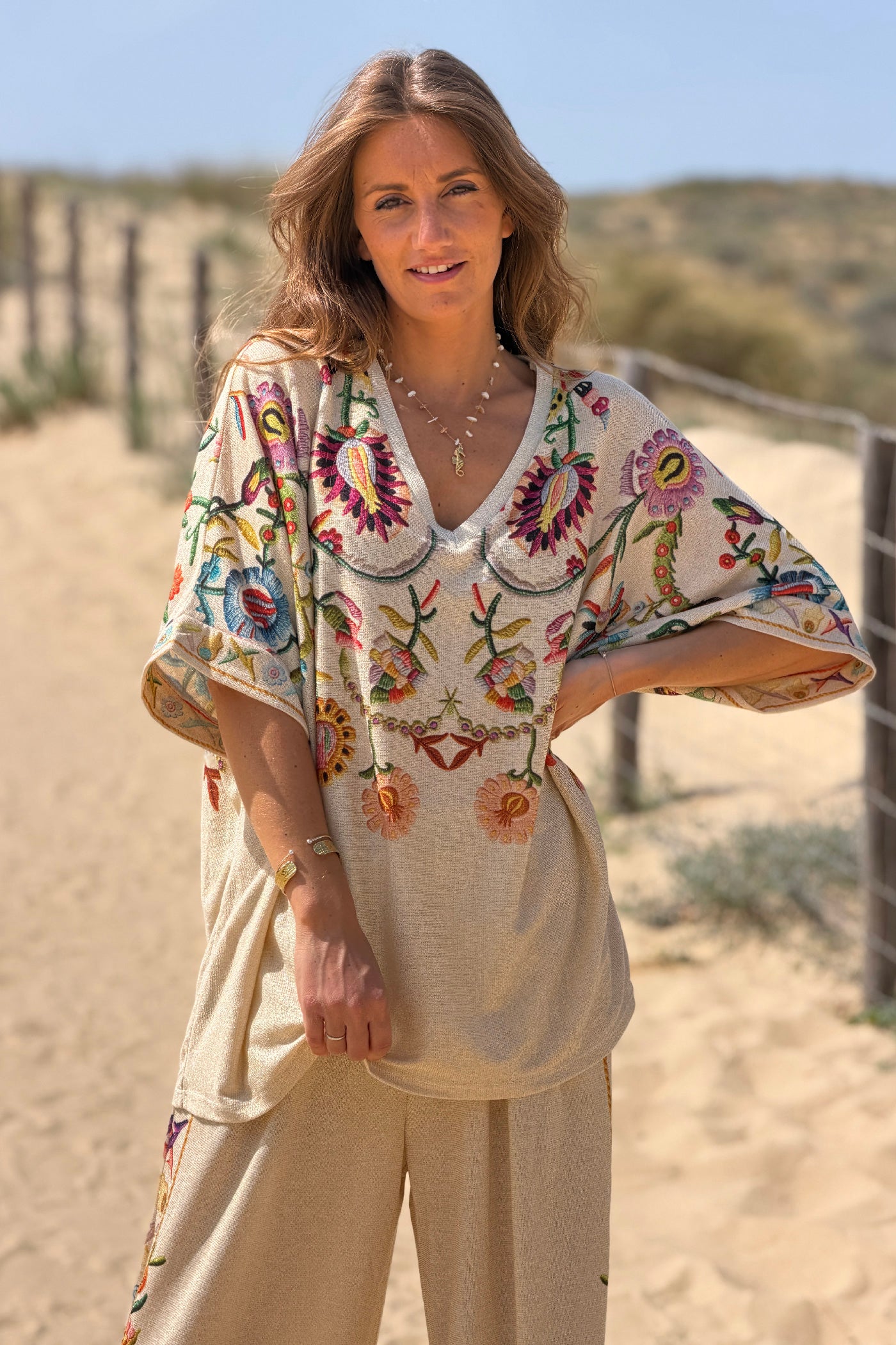 Beige Embroidered-look Folk Garden V-Neck Tunic