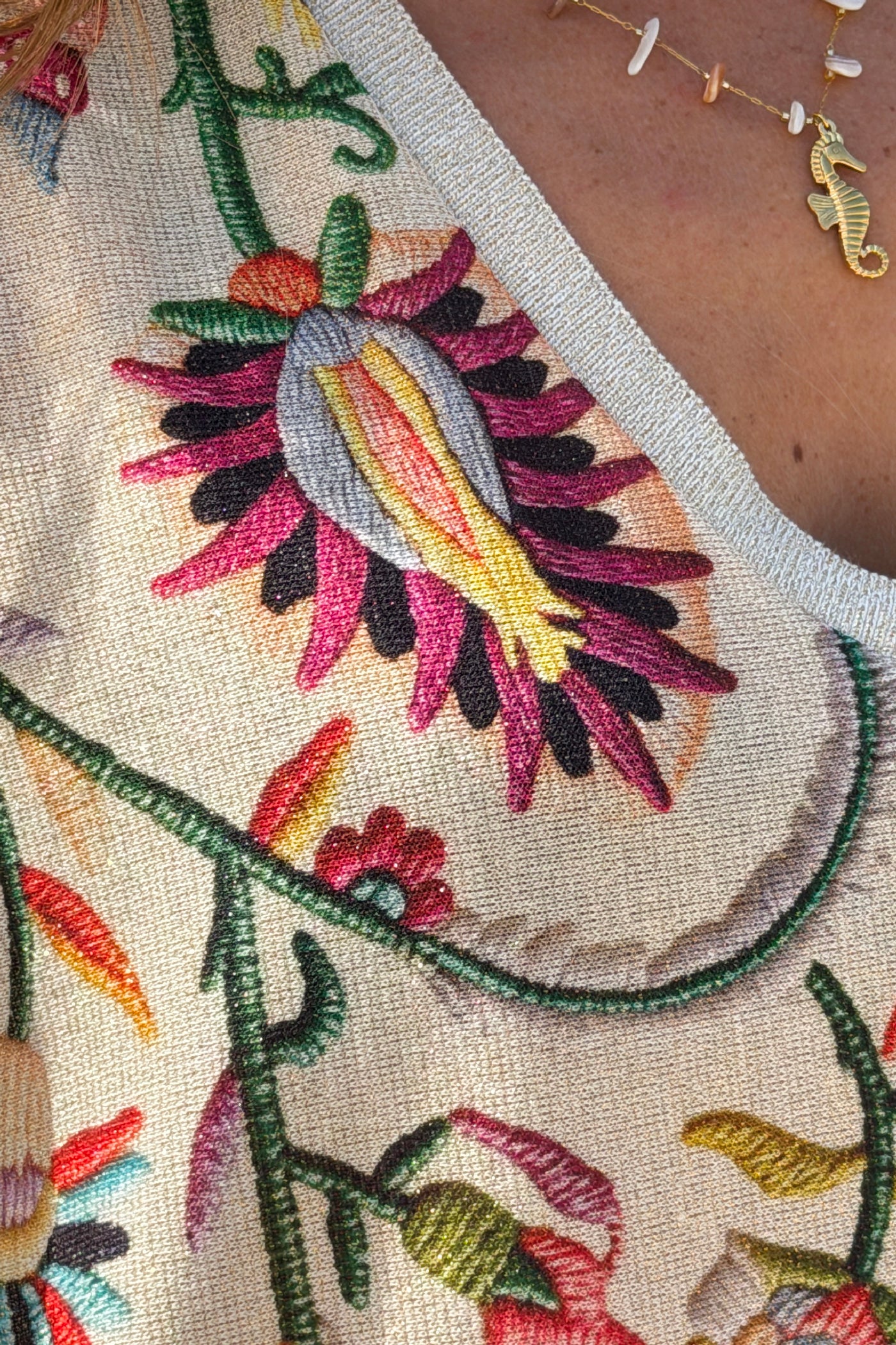 Beige Embroidered-look Folk Garden V-Neck Tunic