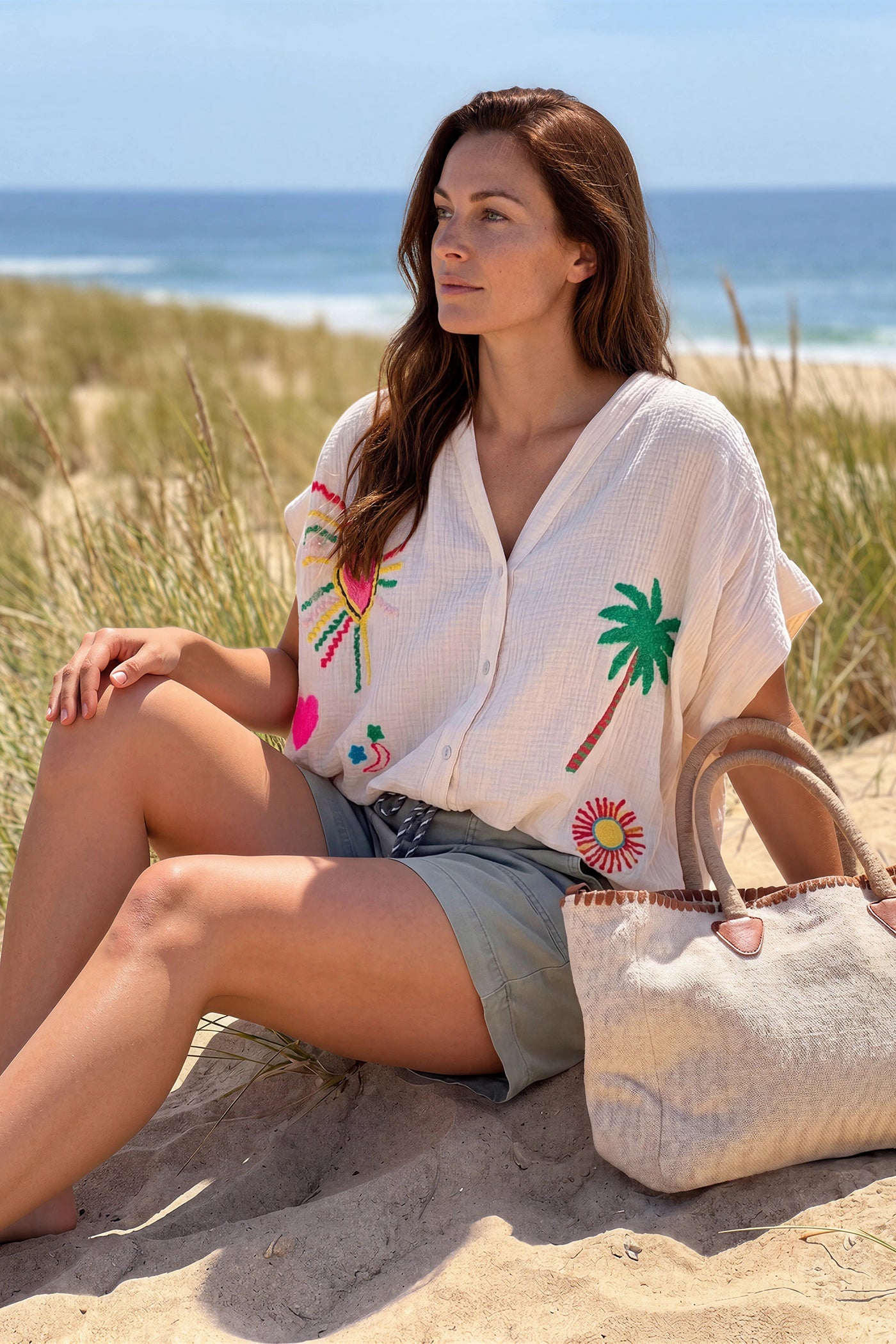 Beige Embroidered Gauze Button-Down Blouse
