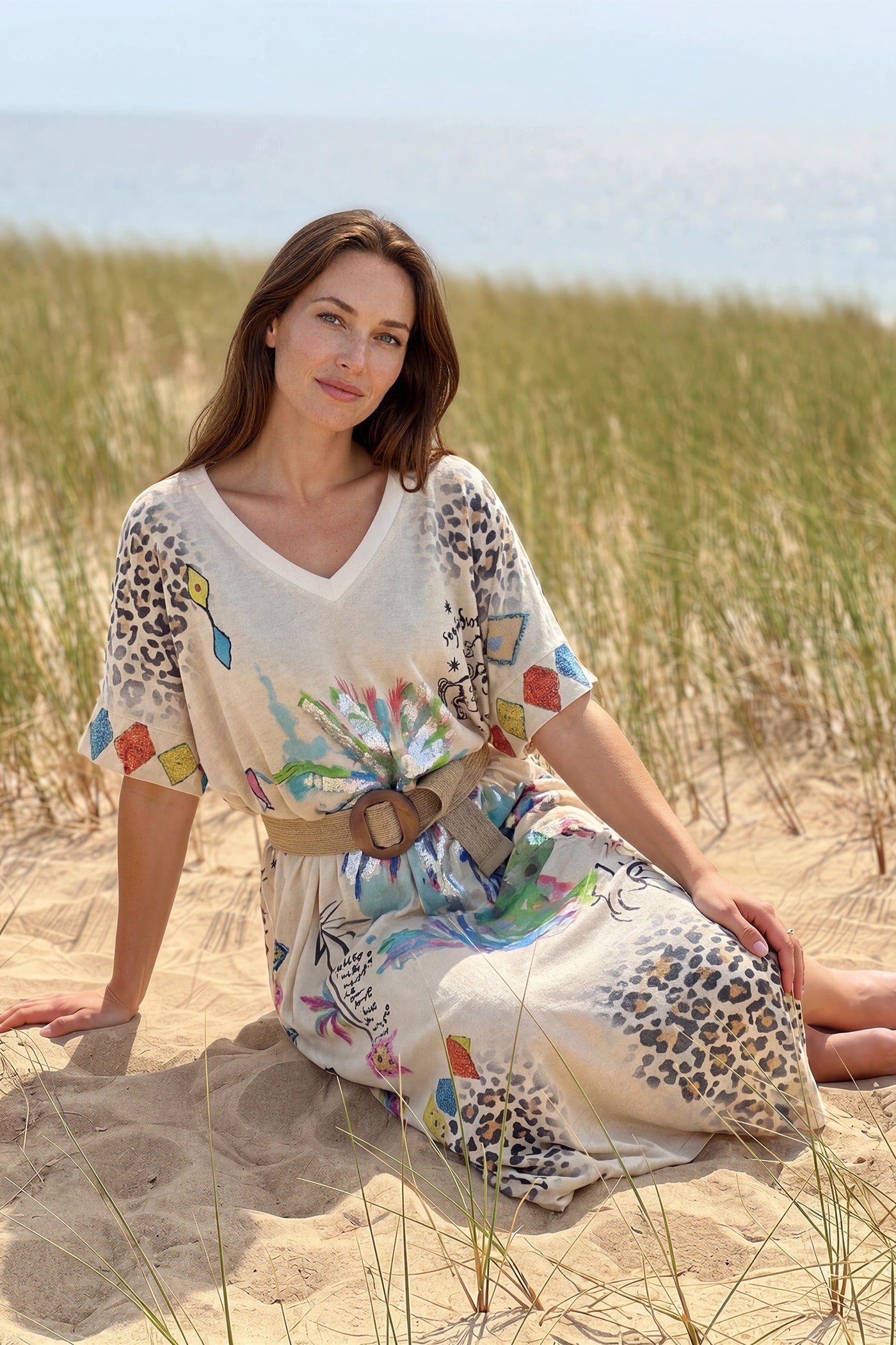 Beige Glitter Knit Tropical Watercolor Maxi Dress