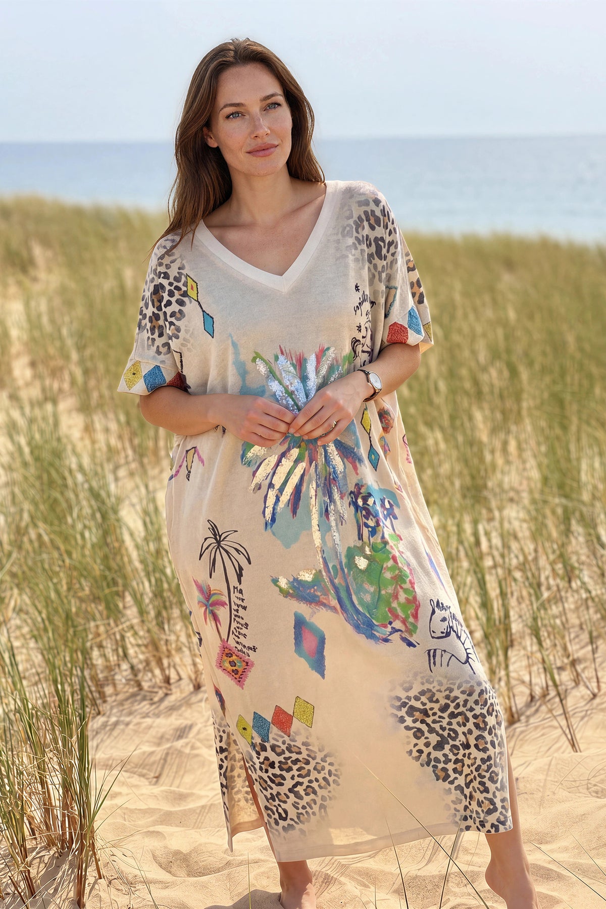 Beige Glitter Knit Tropical Watercolor Maxi Dress