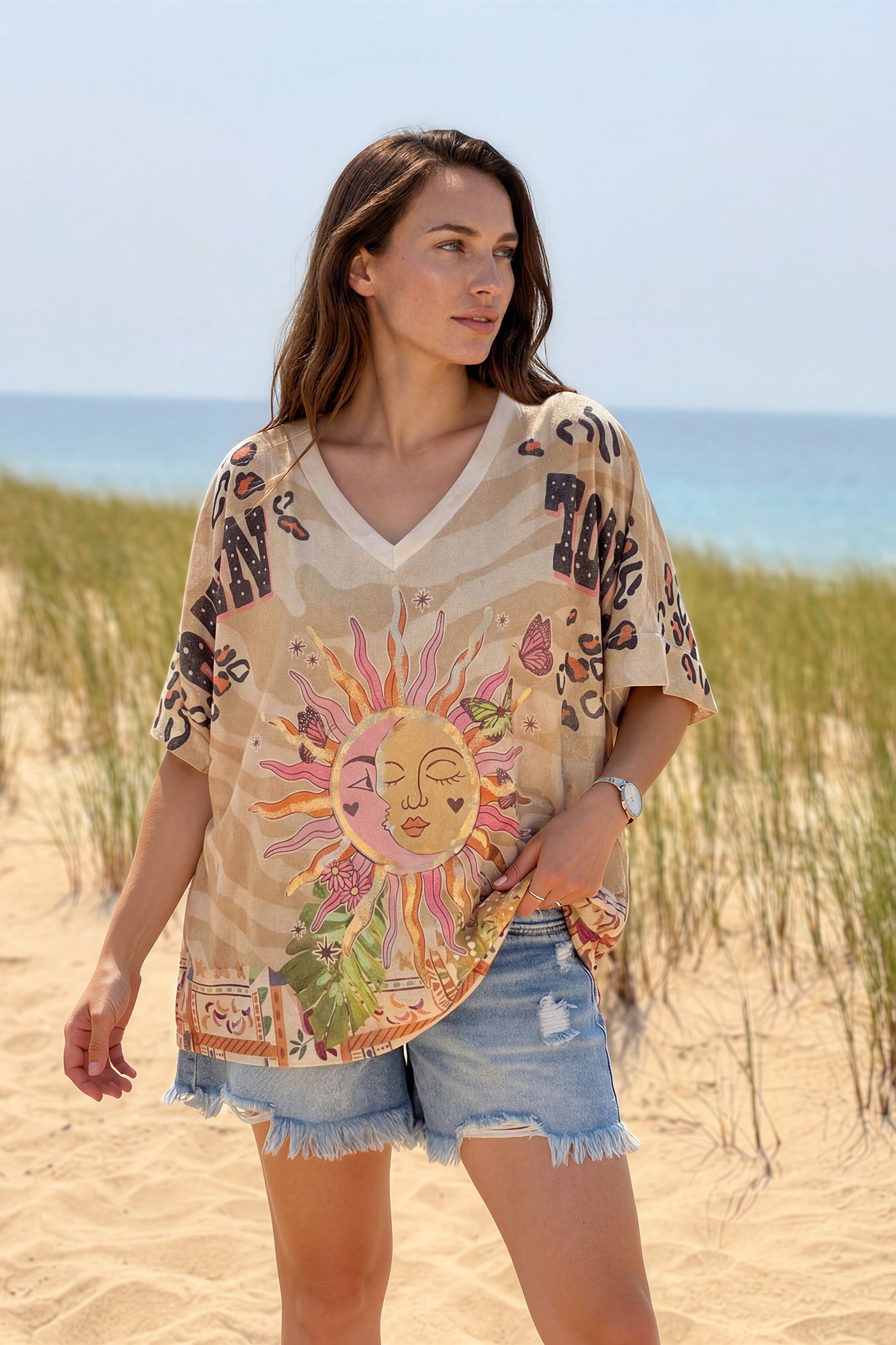 Beige Jungle Sun Glitter Knit Top