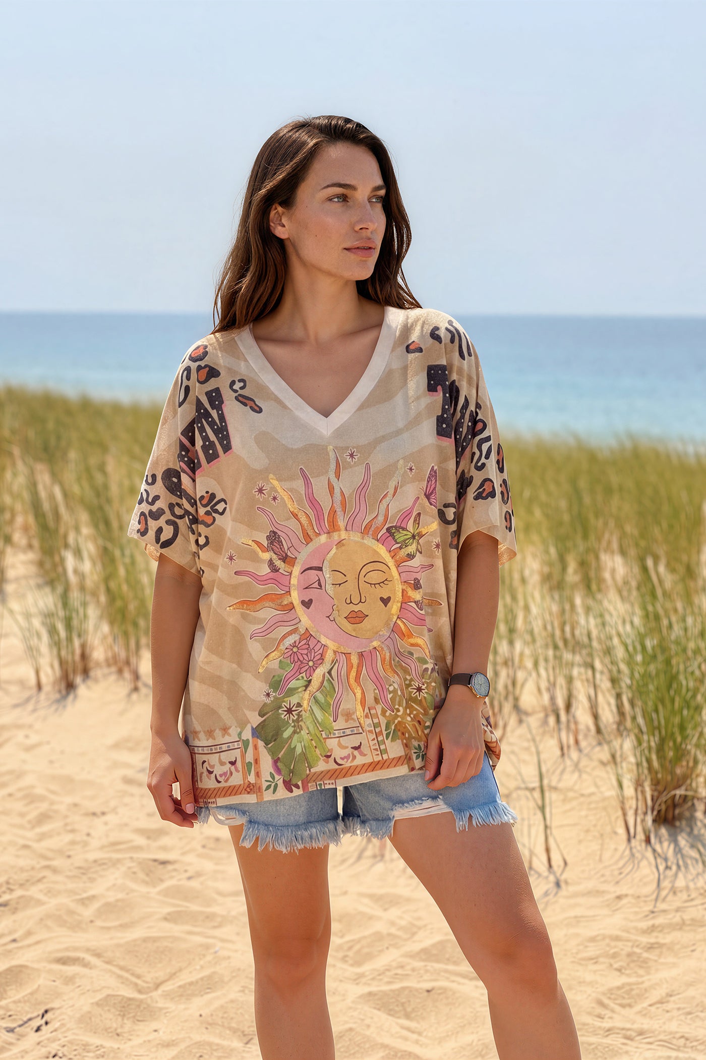 Beige Jungle Sun Glitter Knit Top