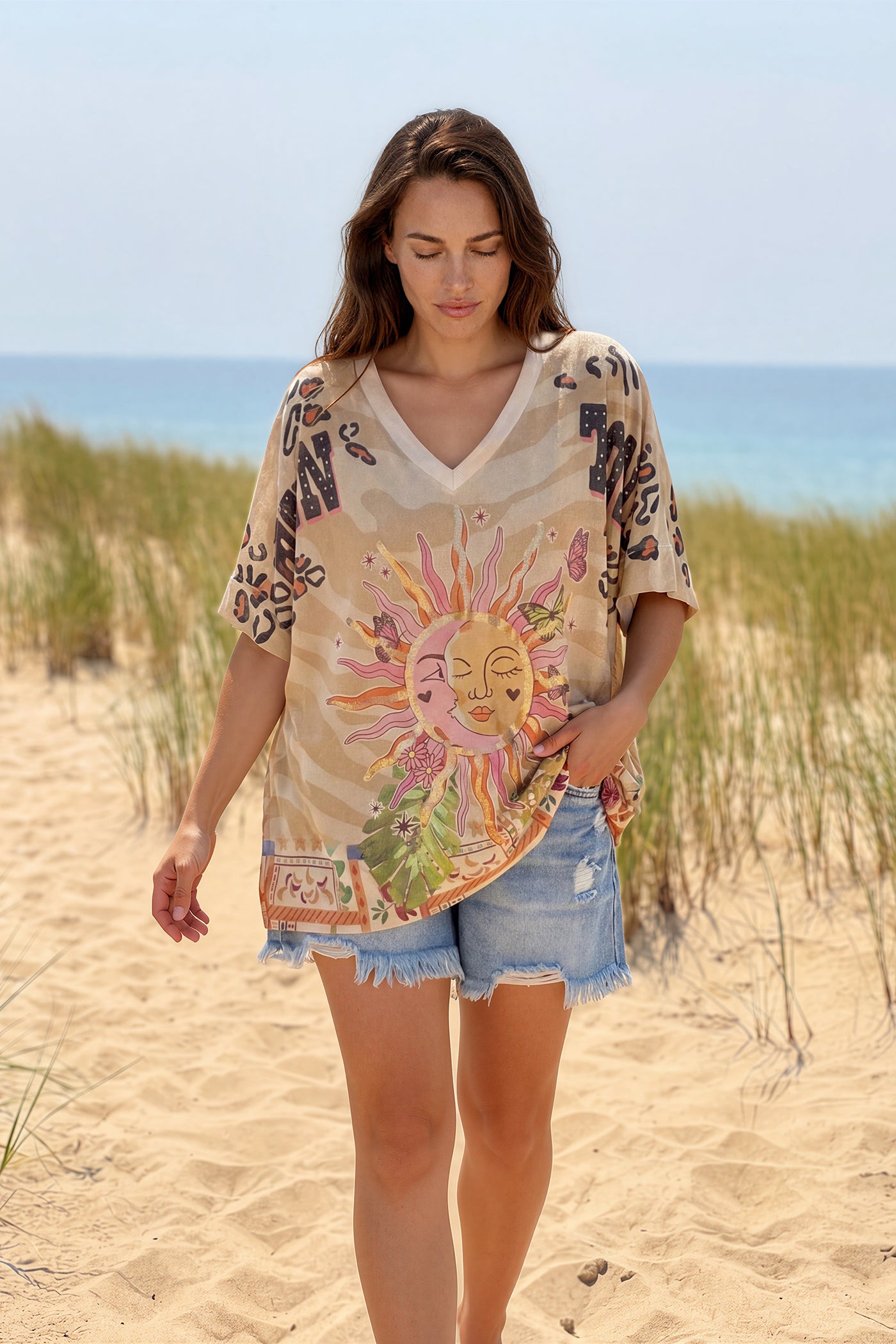 Beige Jungle Sun Glitter Knit Top