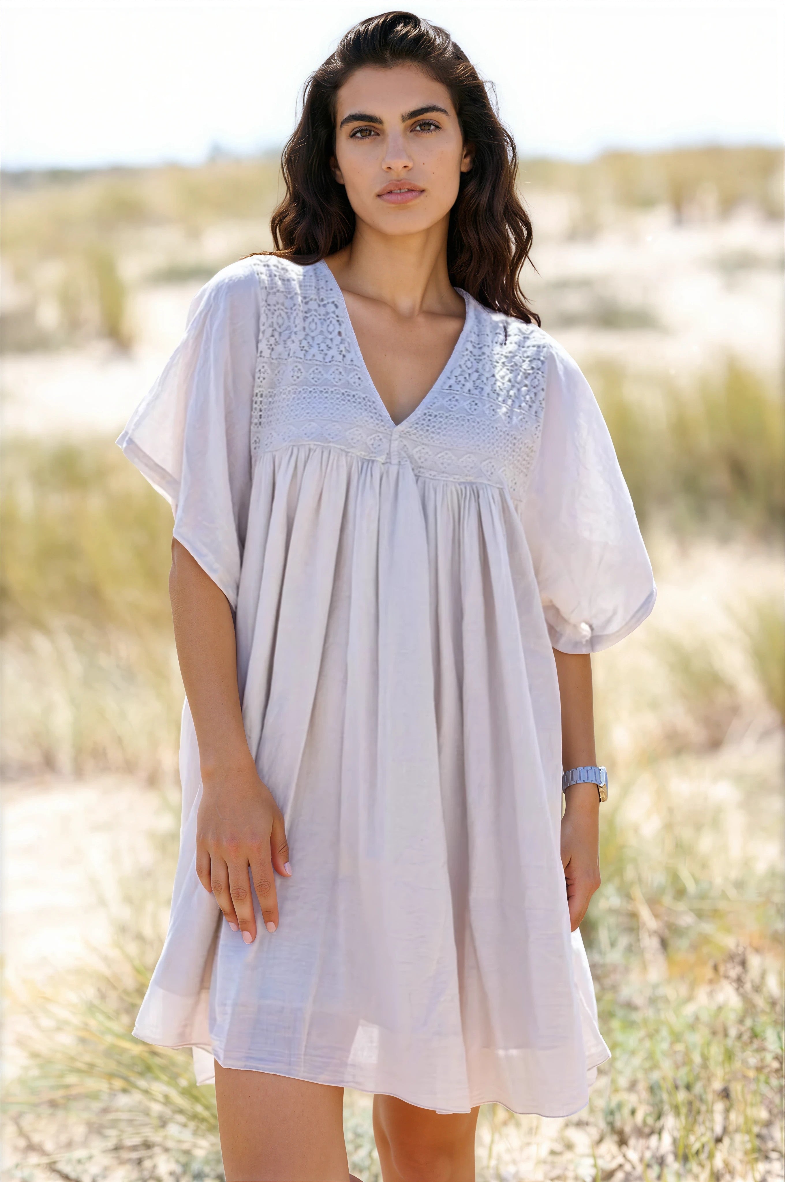 Beige floaty cotton dress with lace detail
