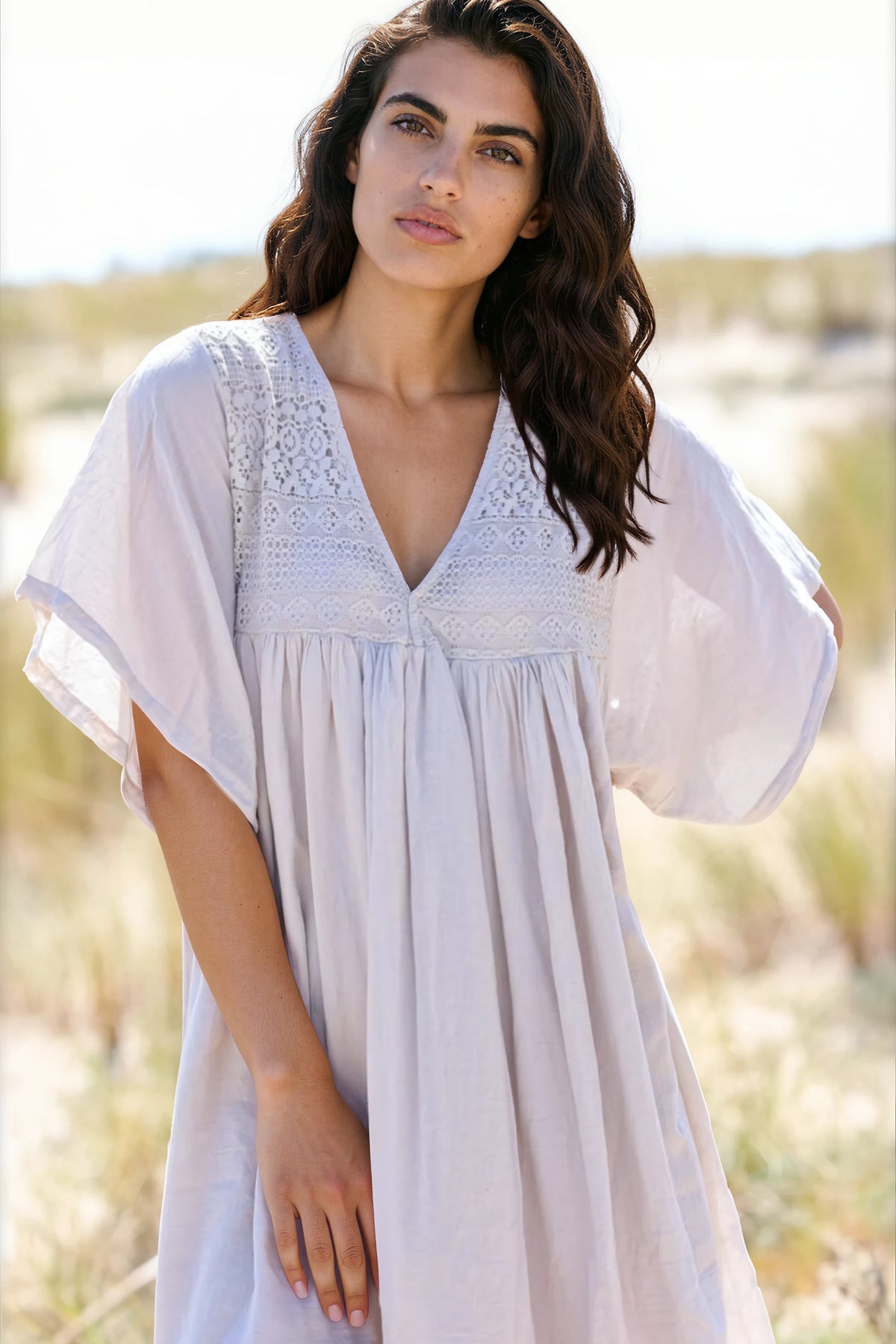 Beige floaty cotton dress with lace detail