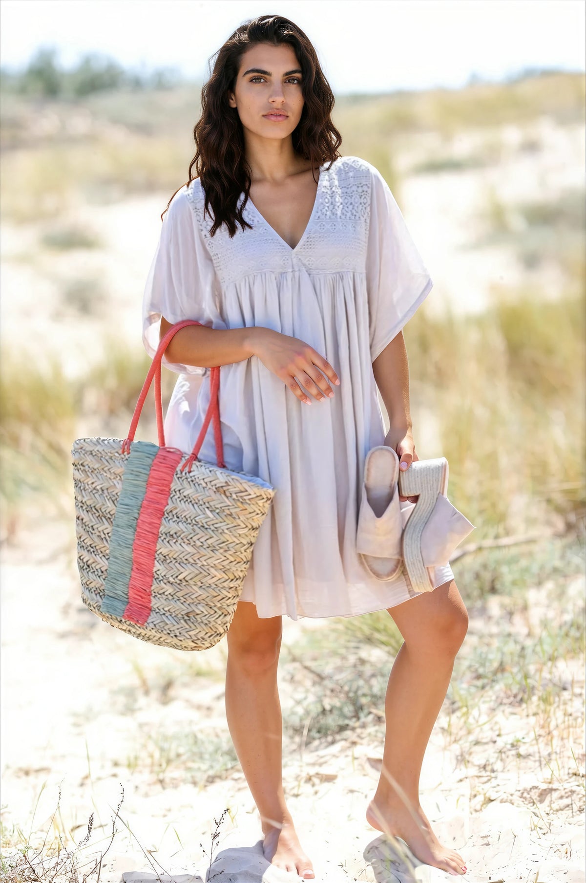Beige floaty cotton dress with lace detail