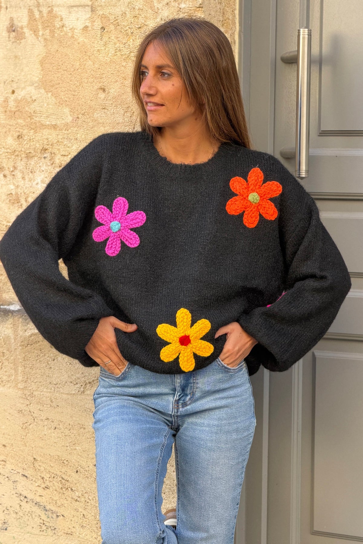 Black Flower Power Knit Applique Sweater