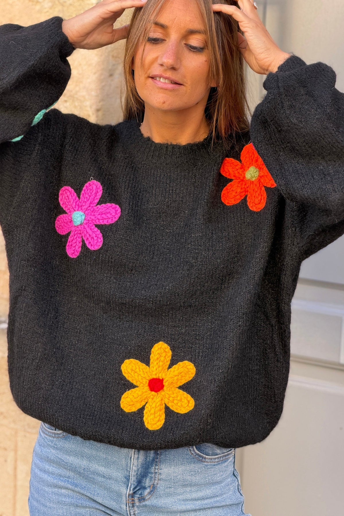 Black Flower Power Knit Applique Sweater