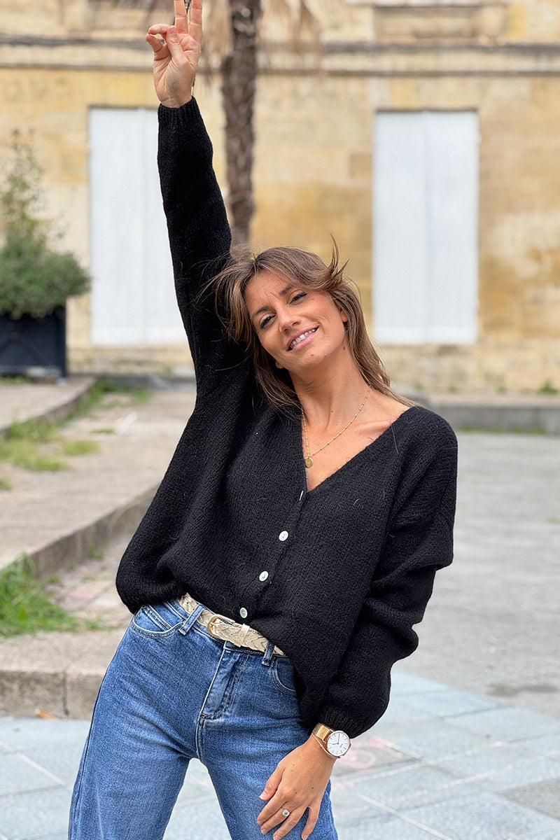 Black Mother of Pearl Button through V-Neck Cardigan