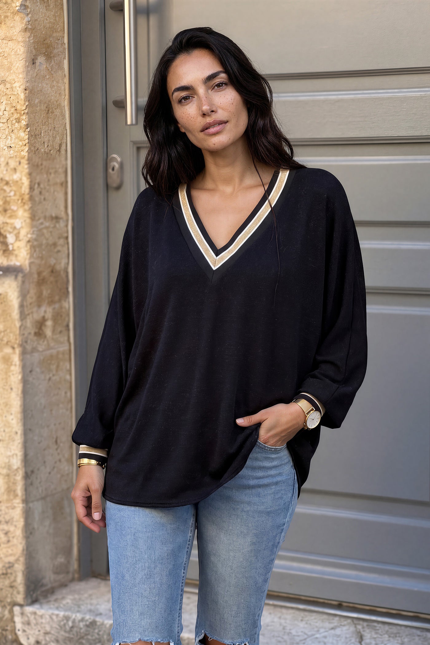 Black and Gold Lurex V-Neck Sweater